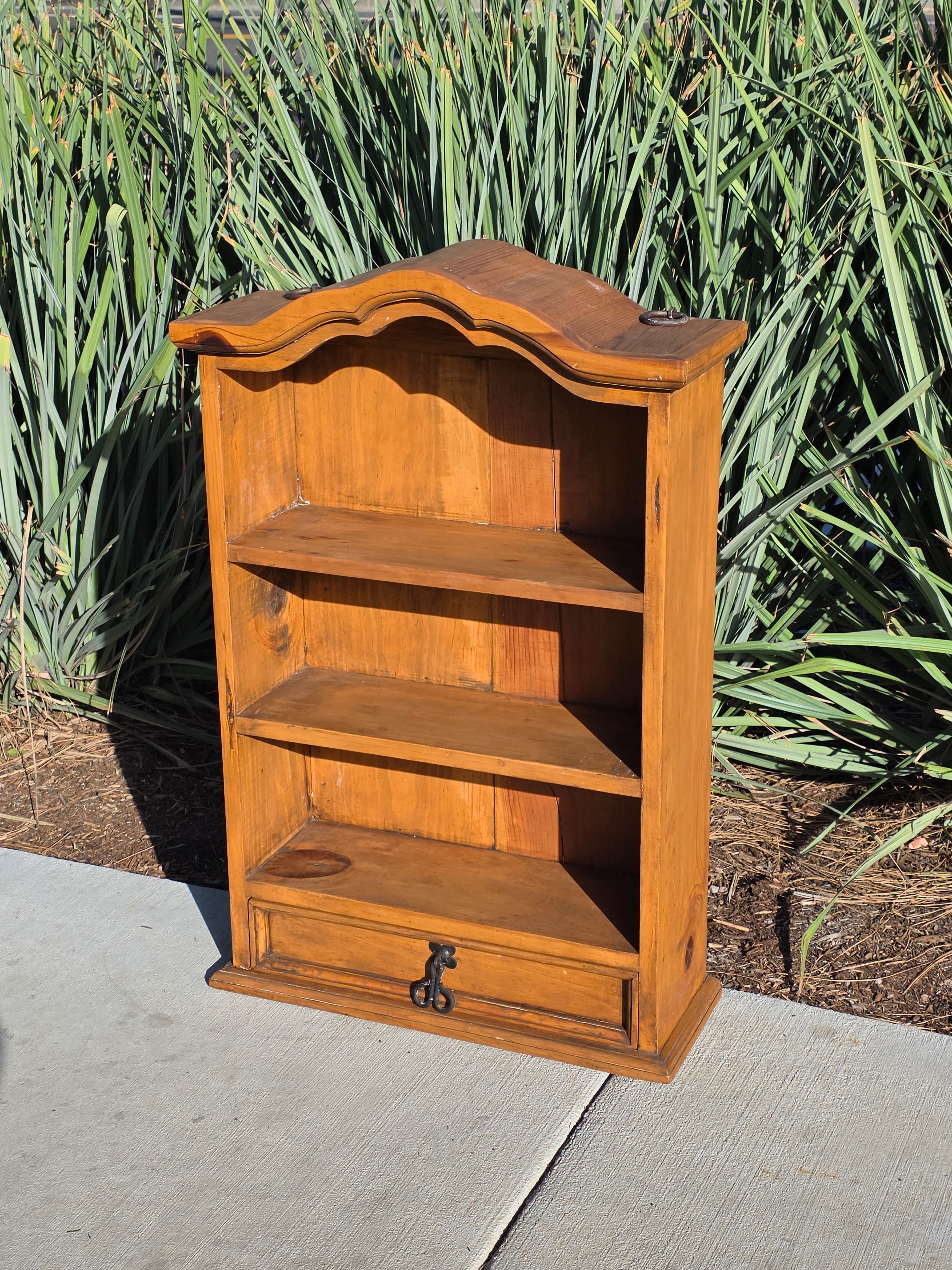 Vintage Mexican Pine Bookcase / 4-Tier Wall Mounted Display Shelf w/ Drawer 32"H
