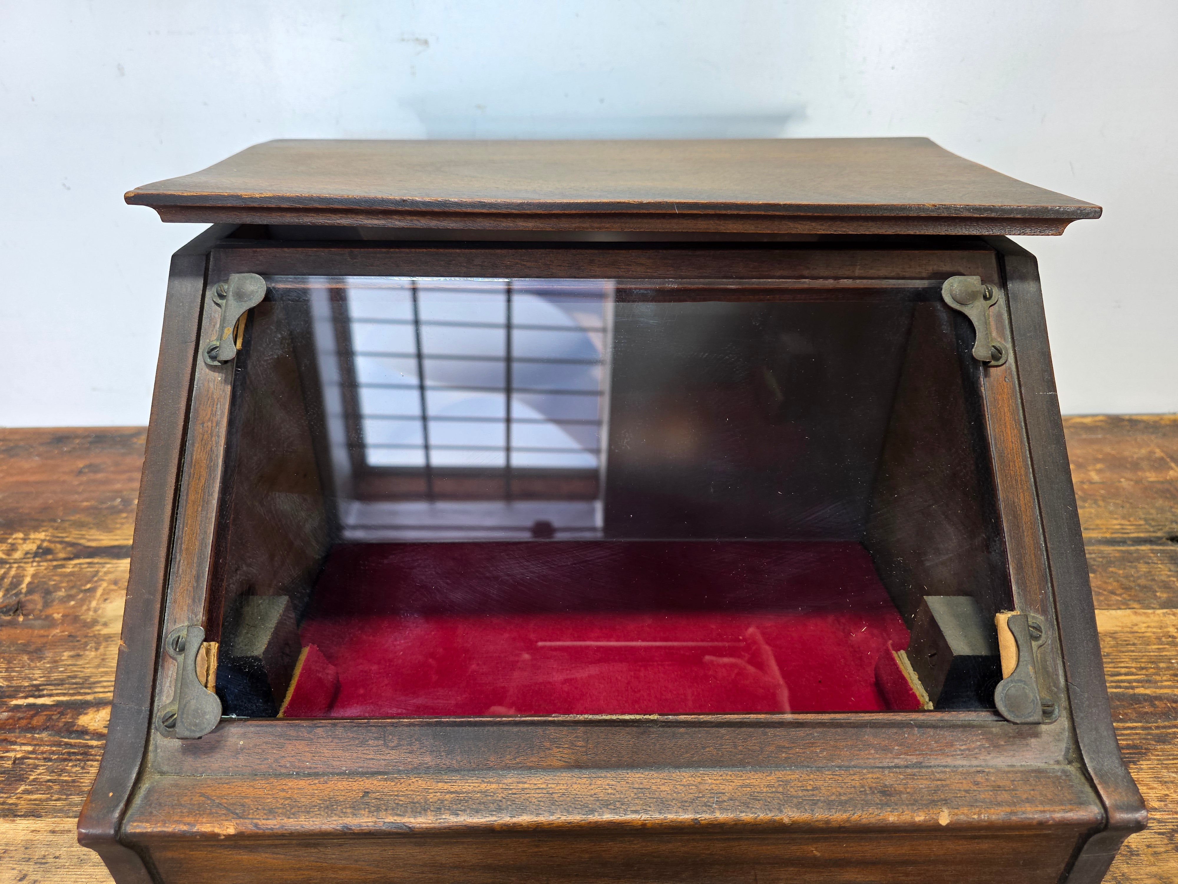 Antique Country Store Wood Countertop Showcase w/ Frosted Glass Jewelry Display