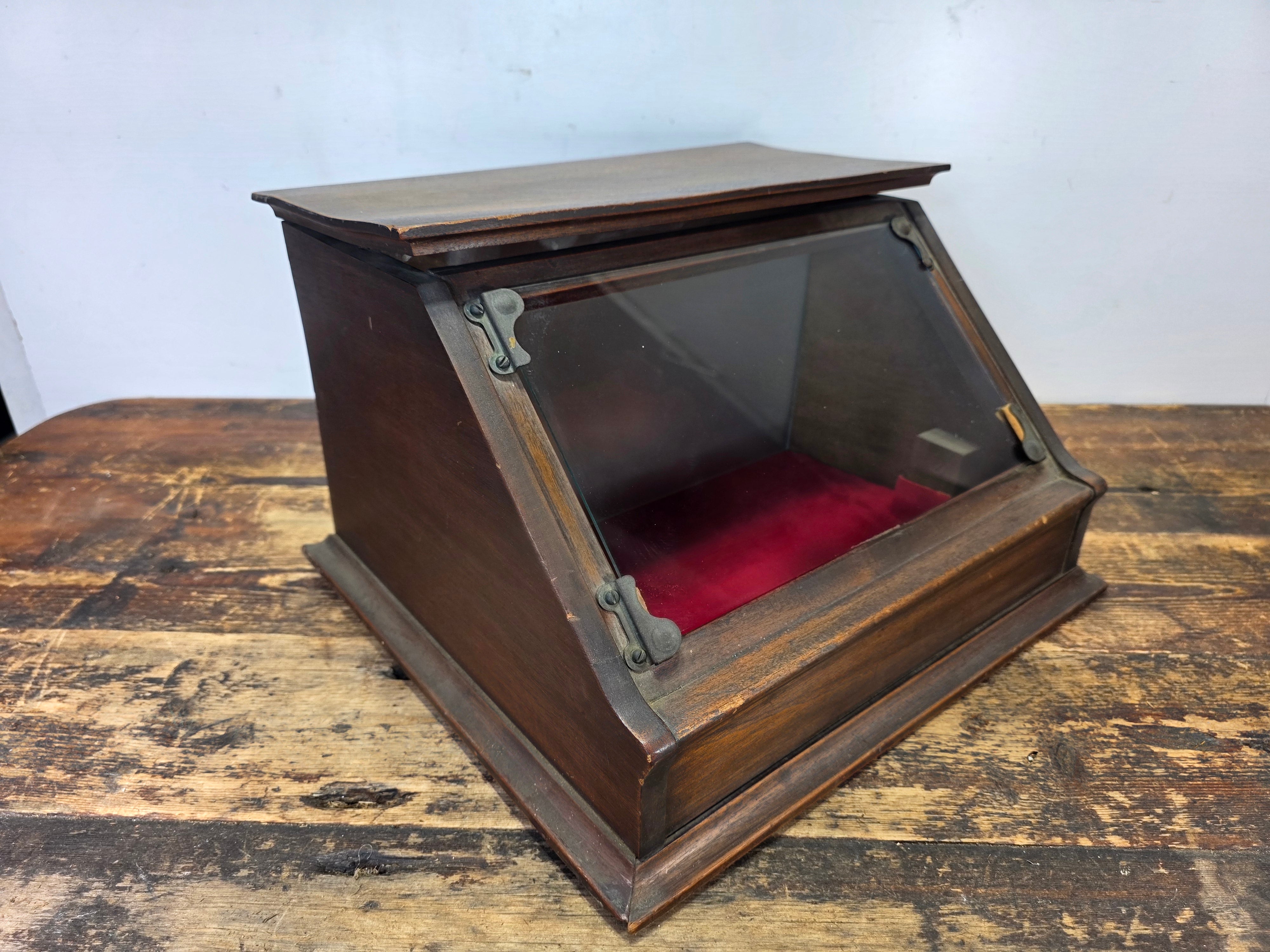 Antique Country Store Wood Countertop Showcase w/ Frosted Glass Jewelry Display