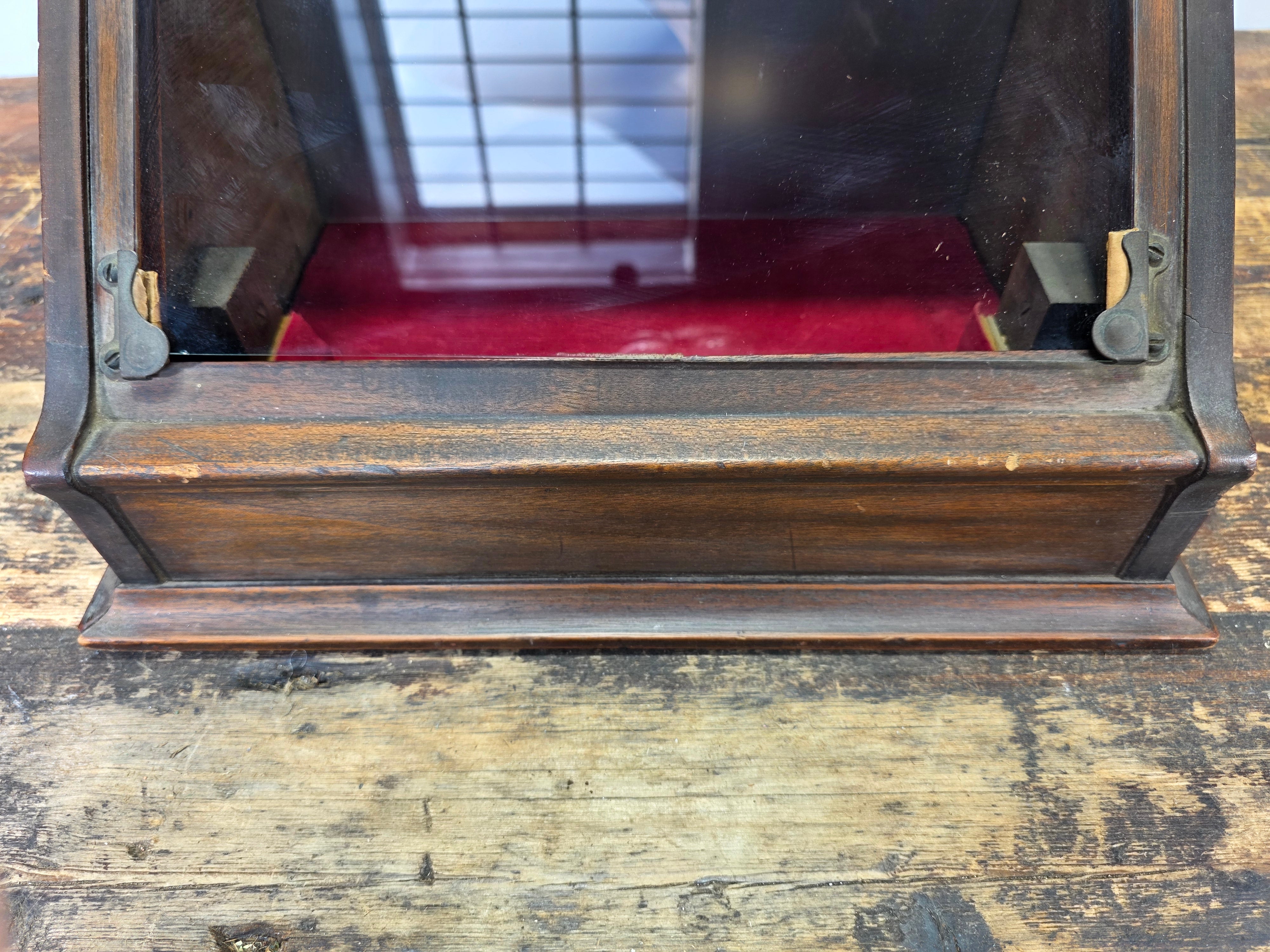 Antique Country Store Wood Countertop Showcase w/ Frosted Glass Jewelry Display