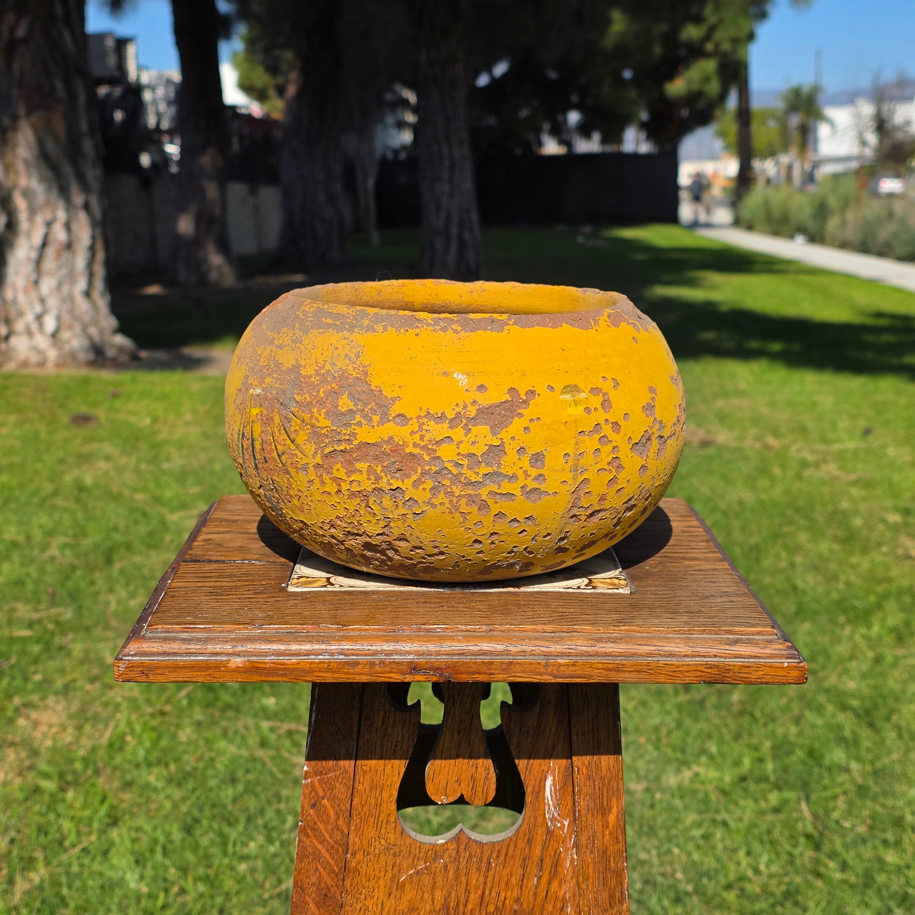 Vintage Spherical Yellow Terracotta Planter - Rustic Round Garden Pot 8.5"Dia