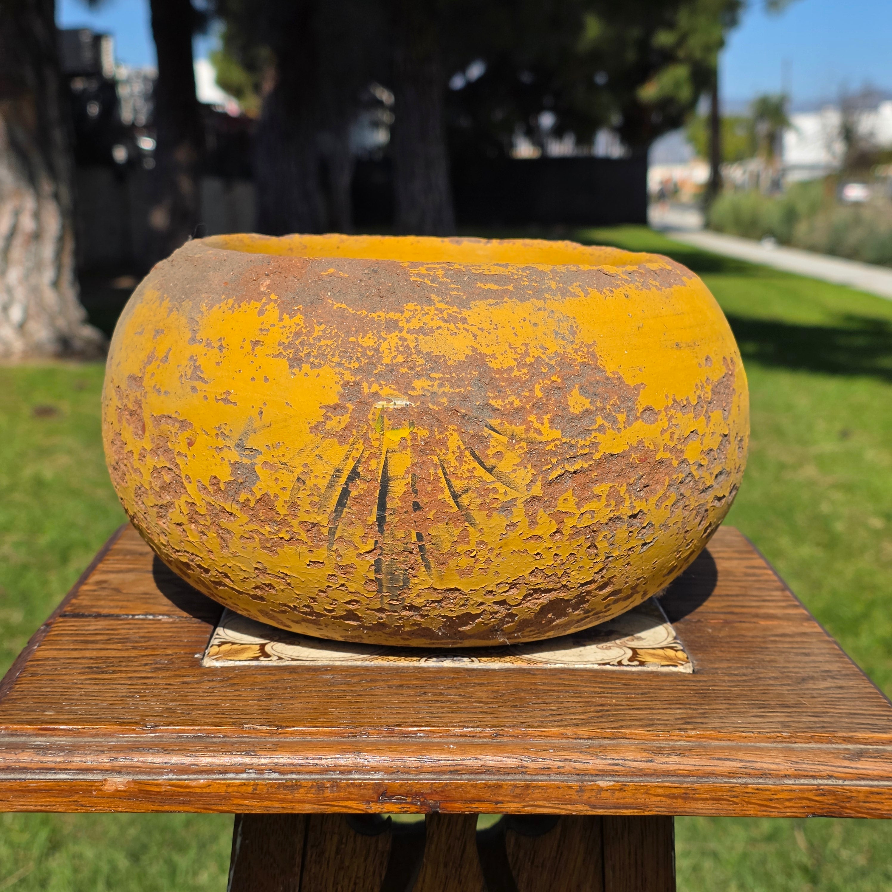 Vintage Spherical Yellow Terracotta Planter - Rustic Round Garden Pot 8.5"Dia
