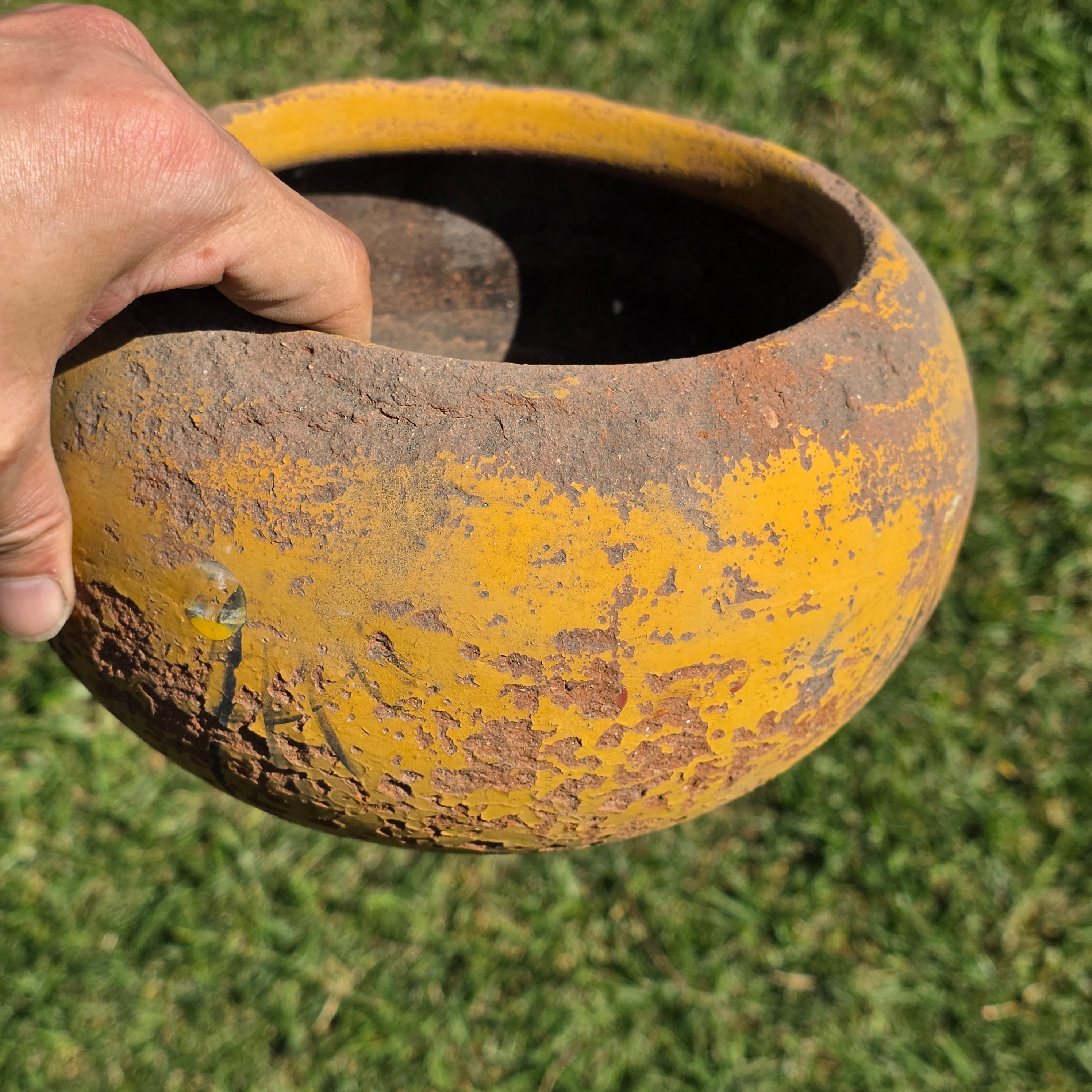 Vintage Spherical Yellow Terracotta Planter - Rustic Round Garden Pot 8.5"Dia
