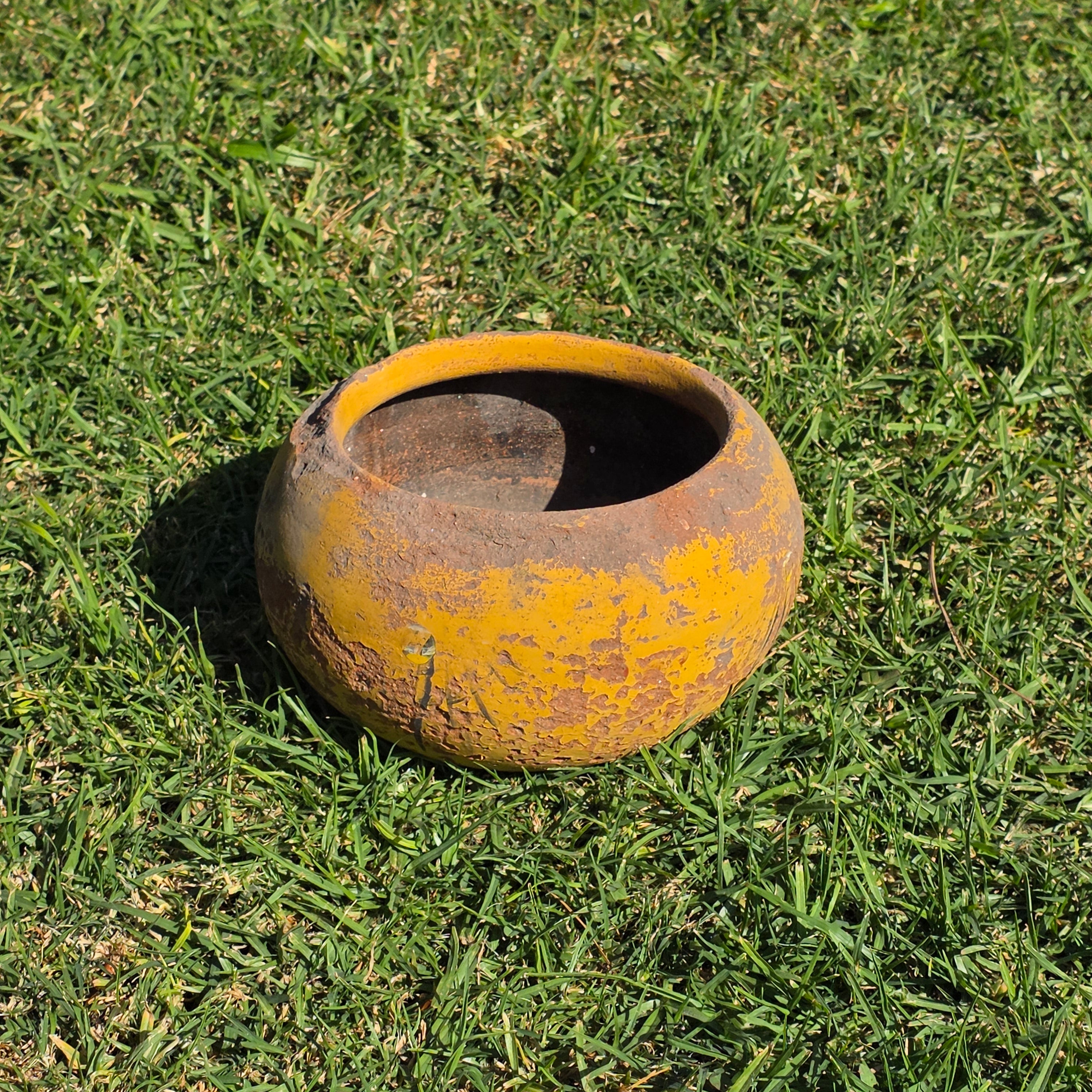 Vintage Spherical Yellow Terracotta Planter - Rustic Round Garden Pot 8.5"Dia