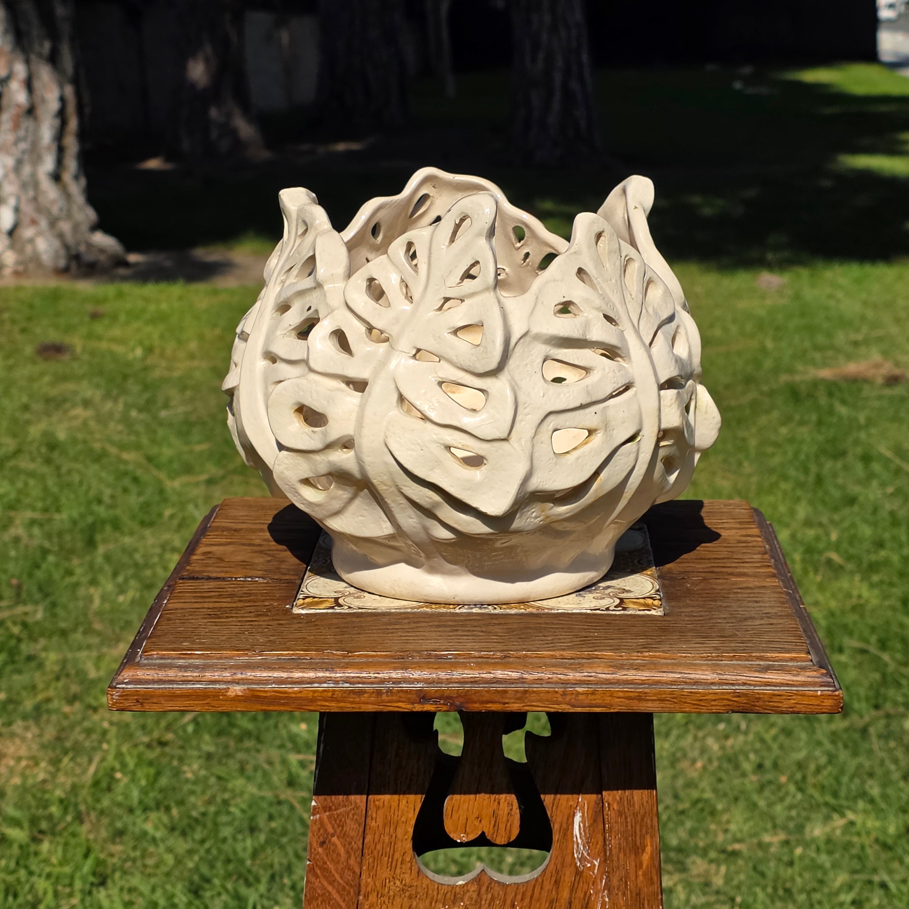 Handmade Studio Art Pottery Oak Leaf Cut-Out Lantern & Planter - Signed Maria 09