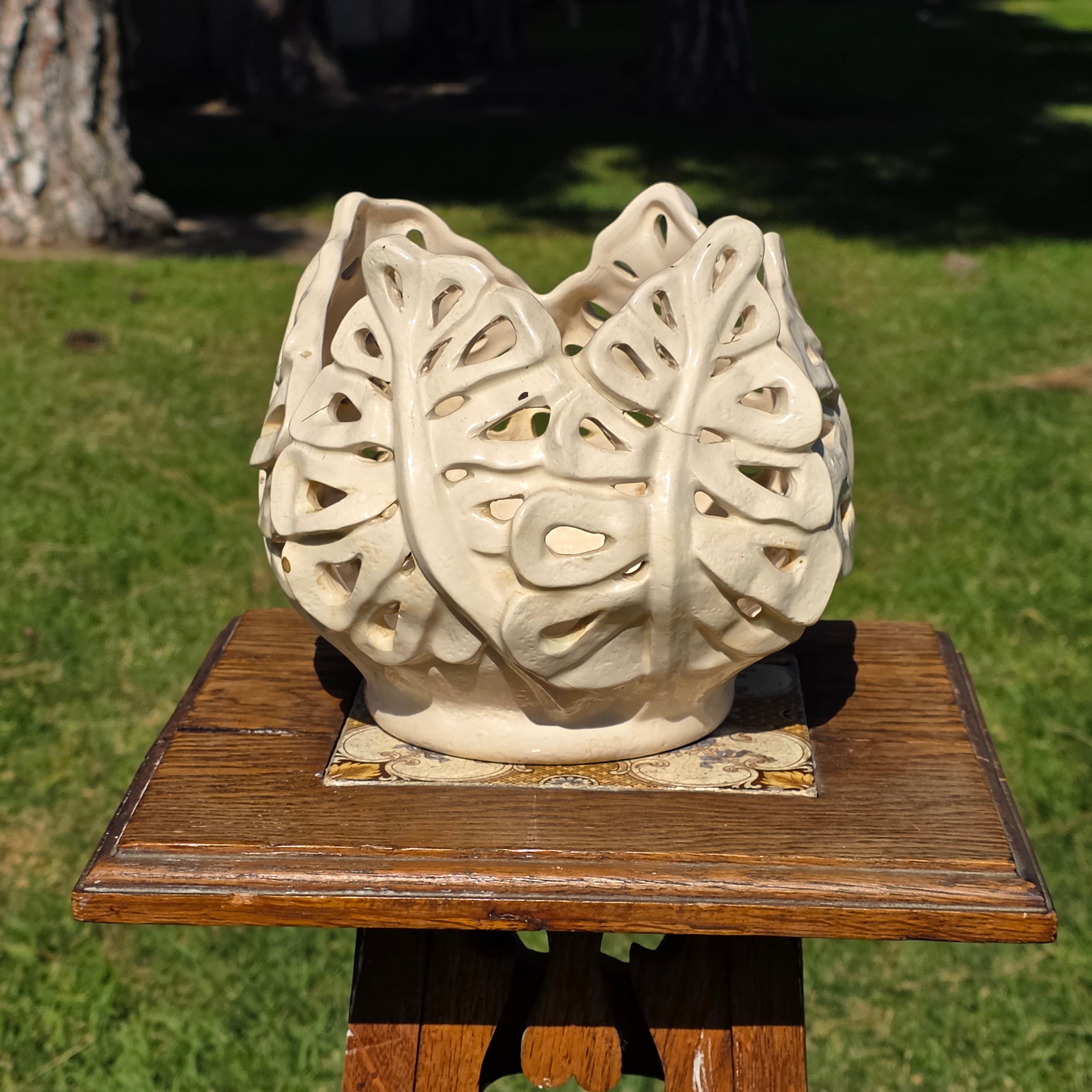 Handmade Studio Art Pottery Oak Leaf Cut-Out Lantern & Planter - Signed Maria 09