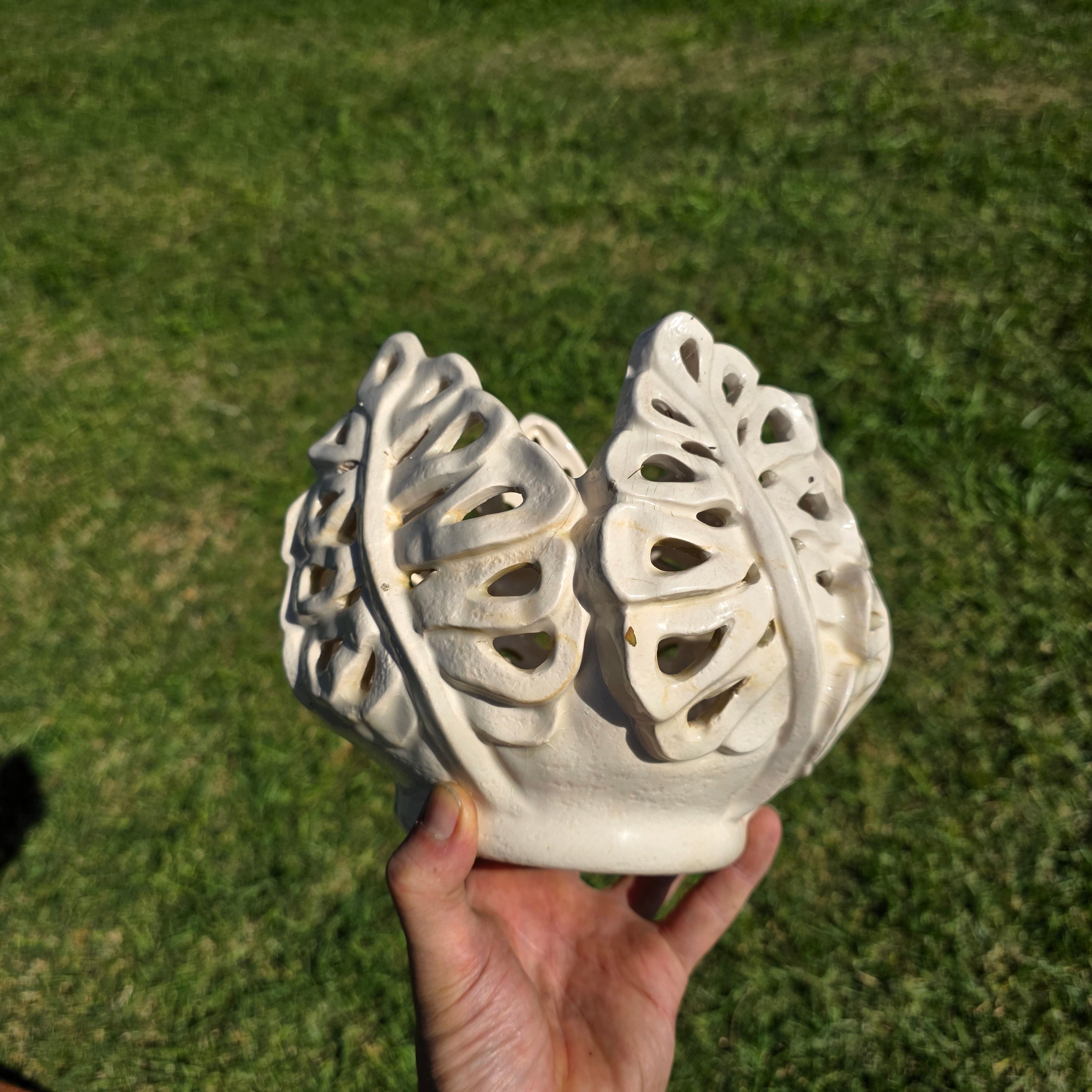 Handmade Studio Art Pottery Oak Leaf Cut-Out Lantern & Planter - Signed Maria 09
