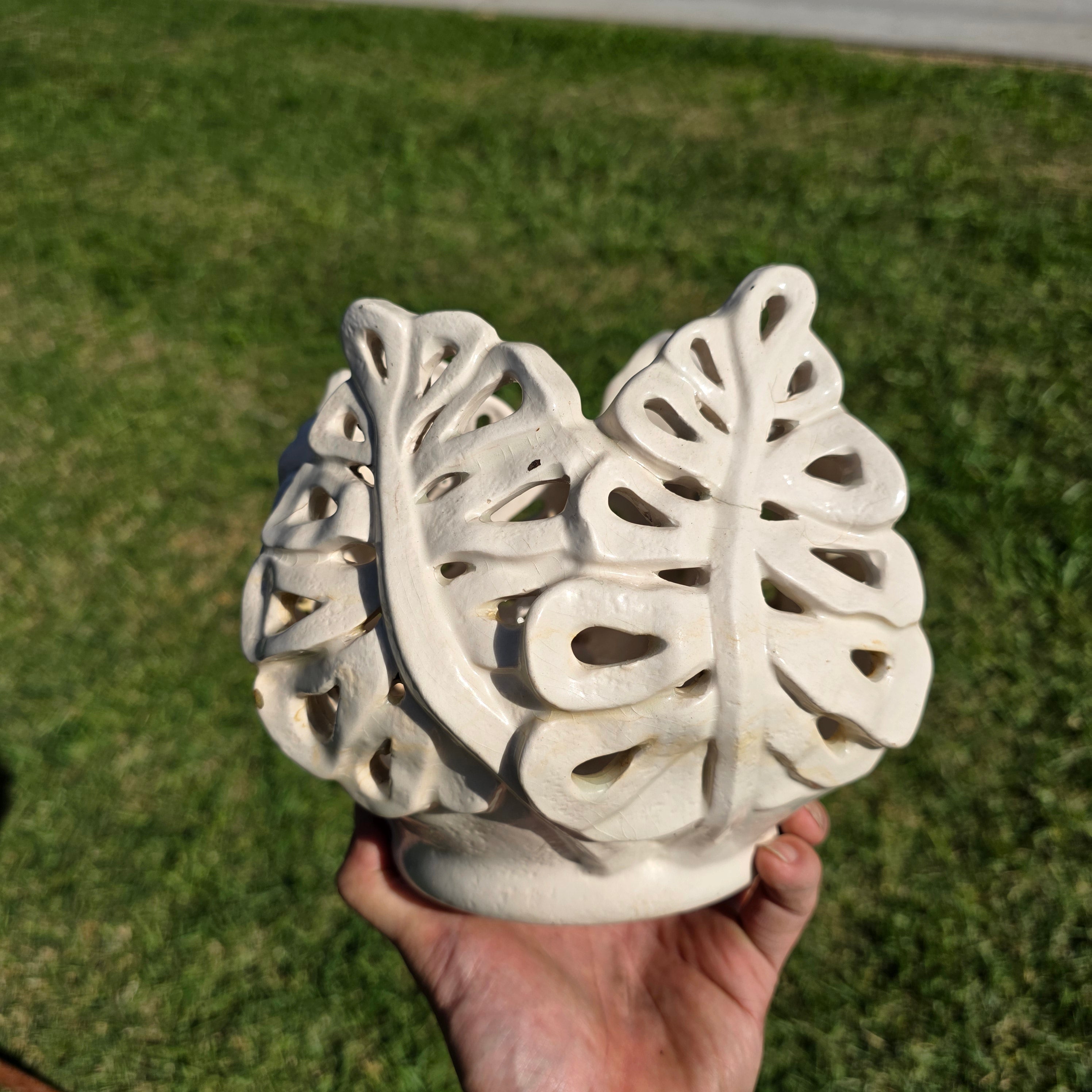 Handmade Studio Art Pottery Oak Leaf Cut-Out Lantern & Planter - Signed Maria 09