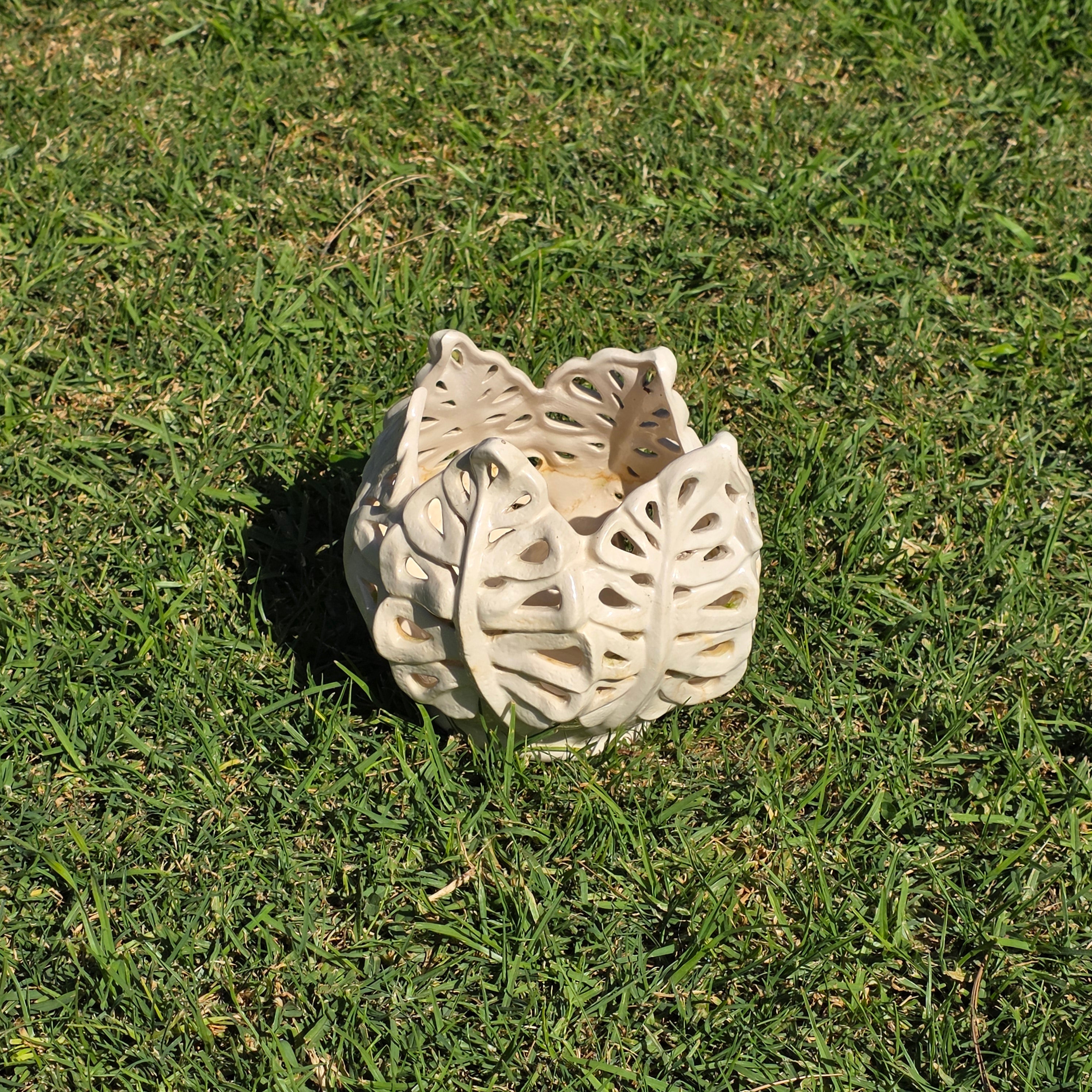 Handmade Studio Art Pottery Oak Leaf Cut-Out Lantern & Planter - Signed Maria 09