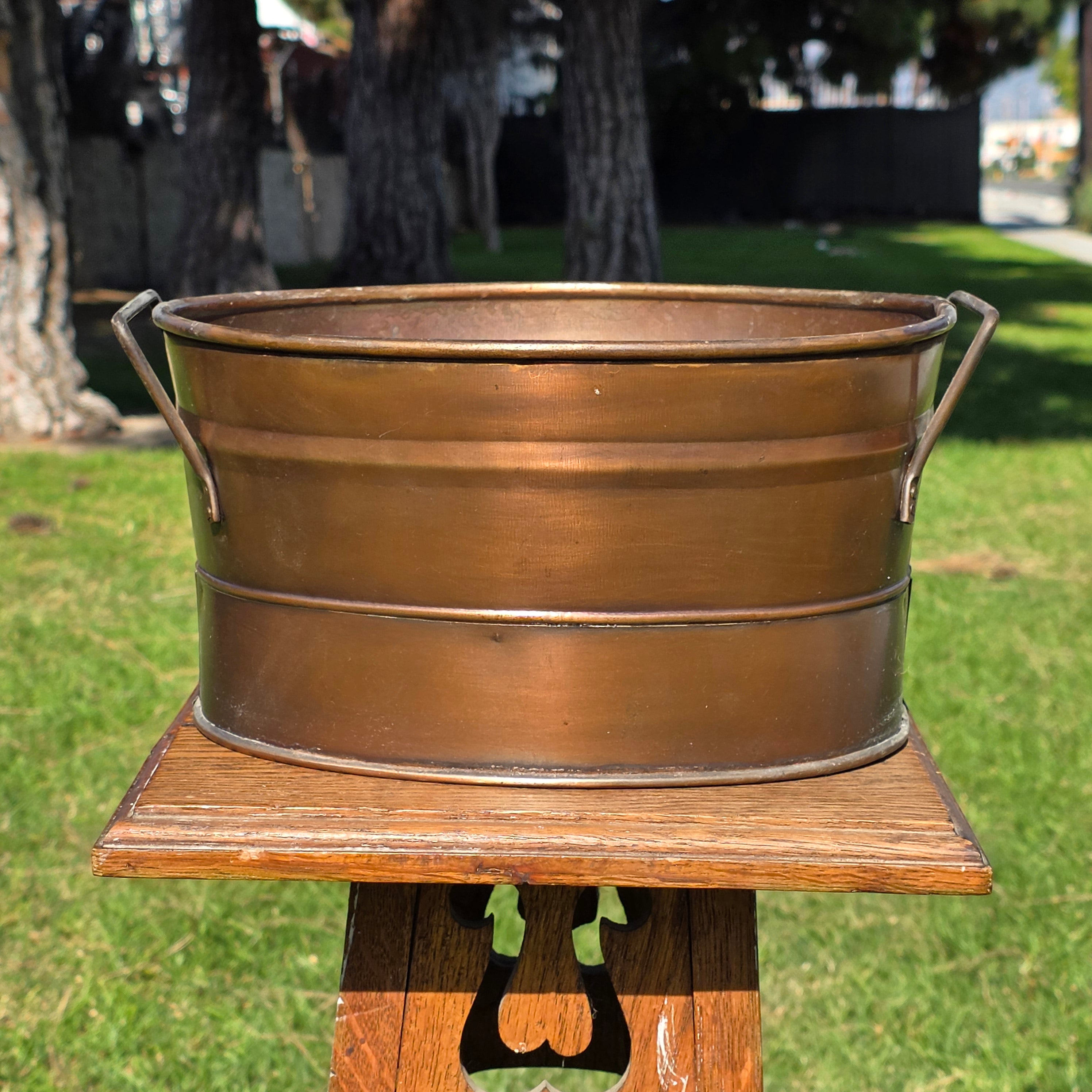 Vintage Style Copper-Finished Oval Metal Basket with Handles - Made in India