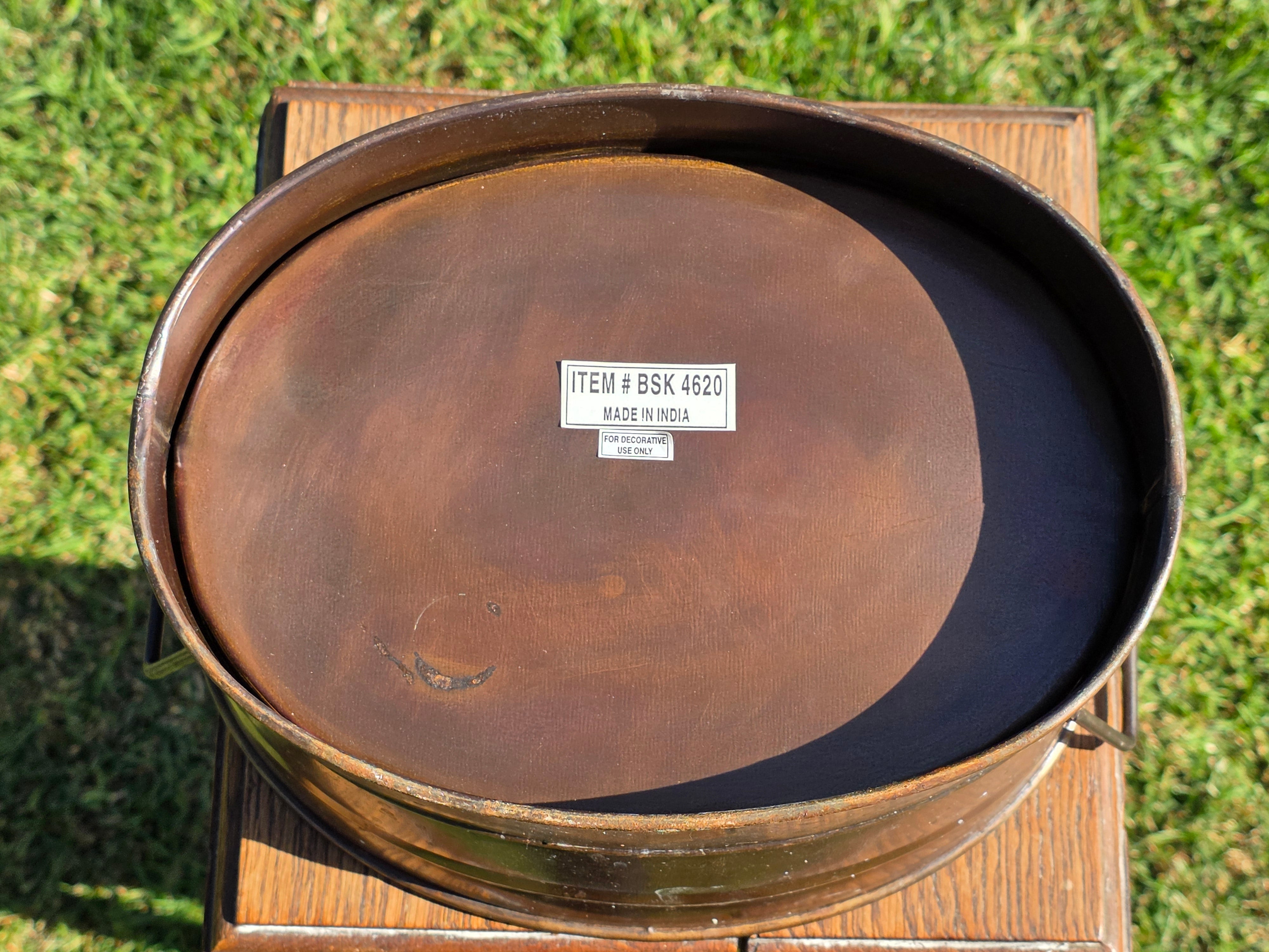 Vintage Style Copper-Finished Oval Metal Basket with Handles - Made in India