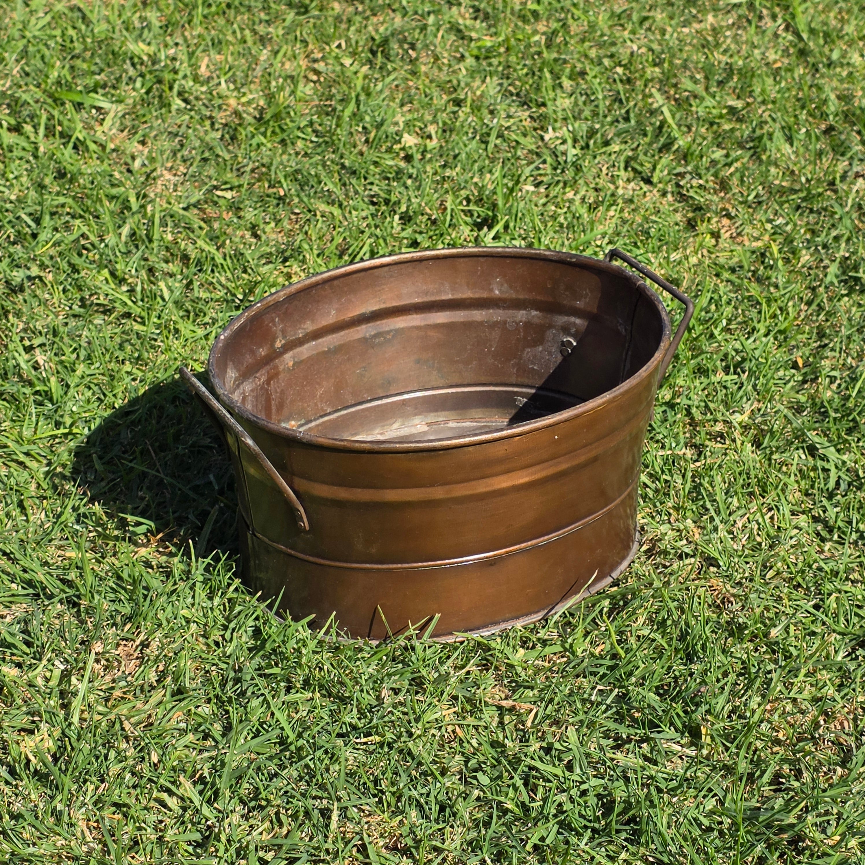 Vintage Style Copper-Finished Oval Metal Basket with Handles - Made in India