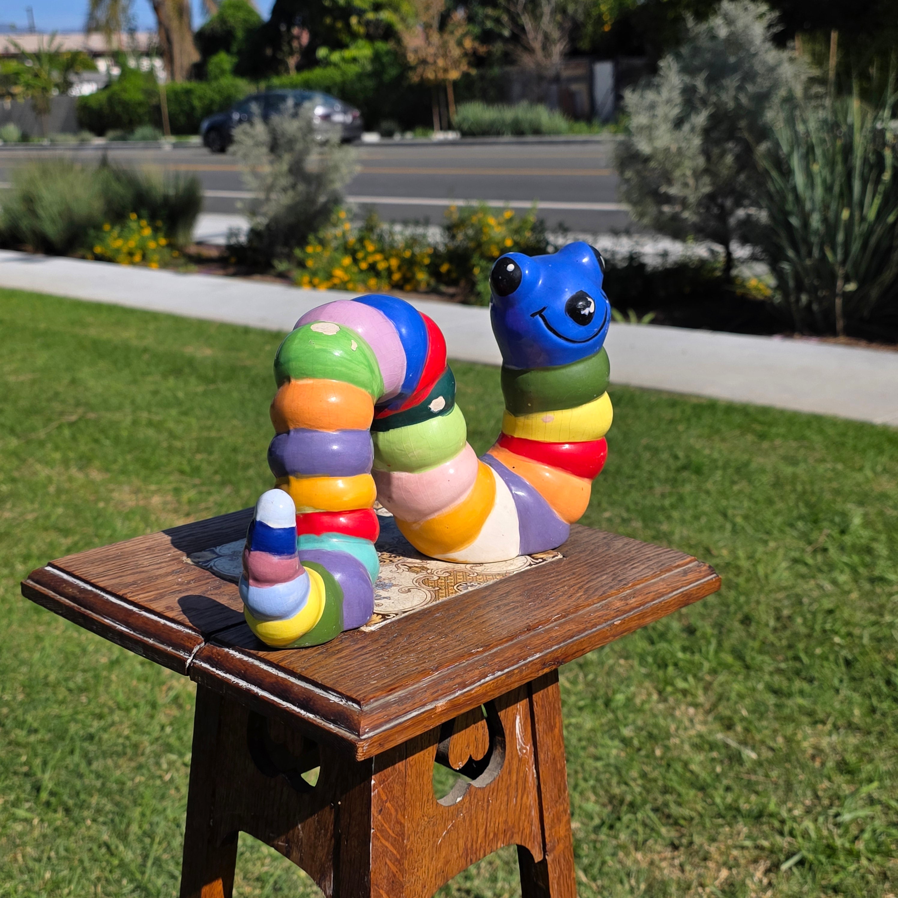 Vintage Rainbow Ceramic Caterpillar Figurine - Multi-Colored Garden Decor