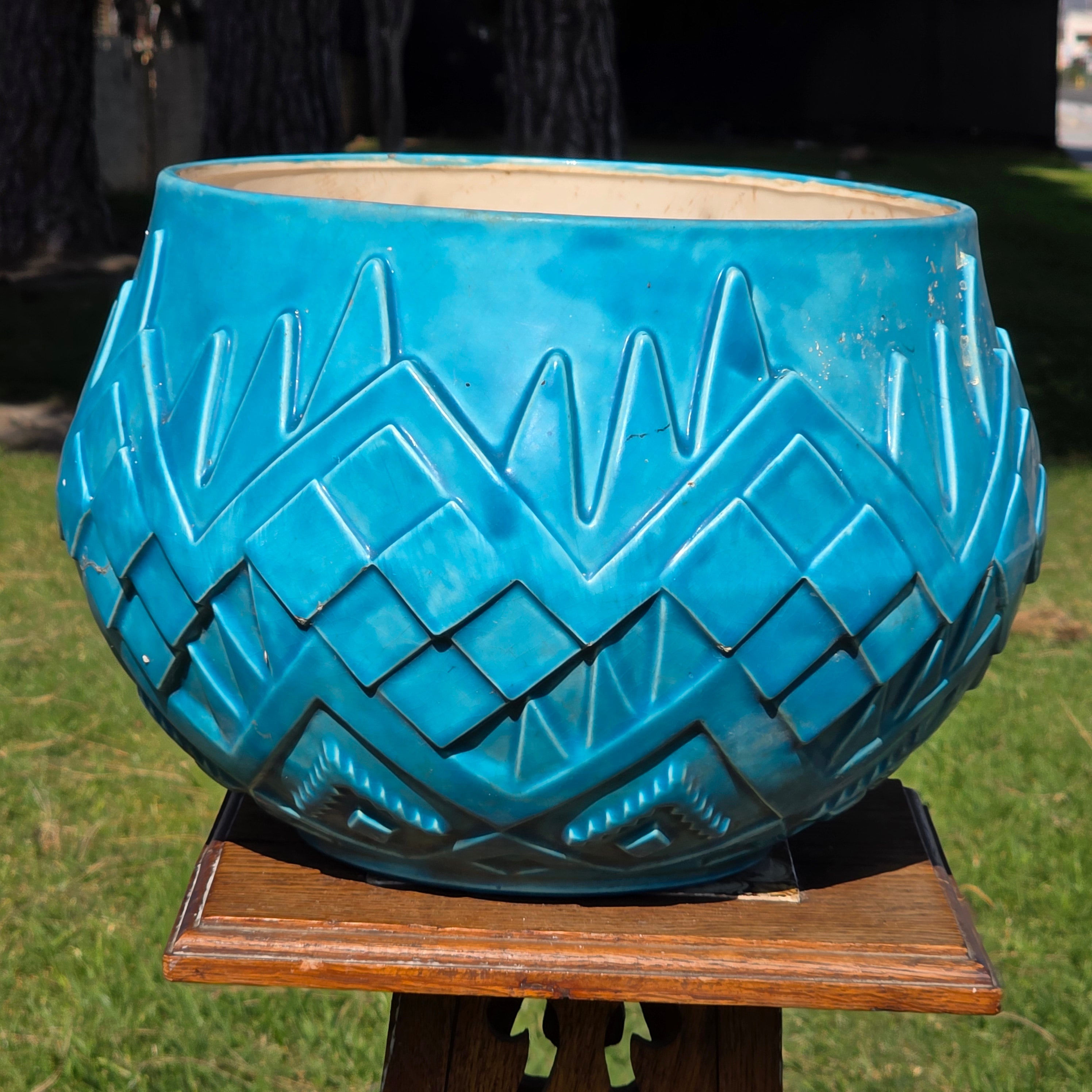 Oversized 14" Atlantic Mold Southwestern Ceramic Planter - Turquoise Accents