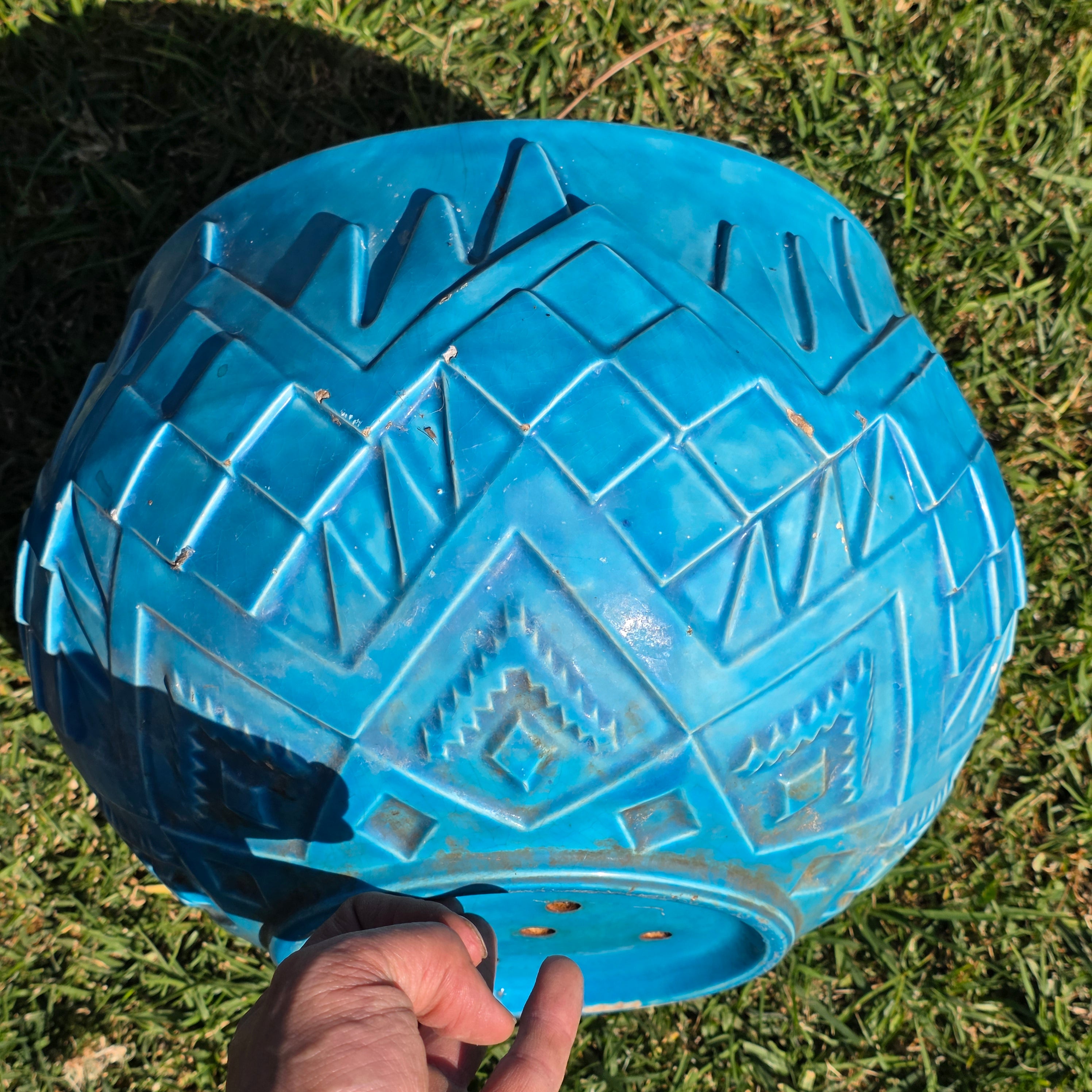 Oversized 14" Atlantic Mold Southwestern Ceramic Planter - Turquoise Accents