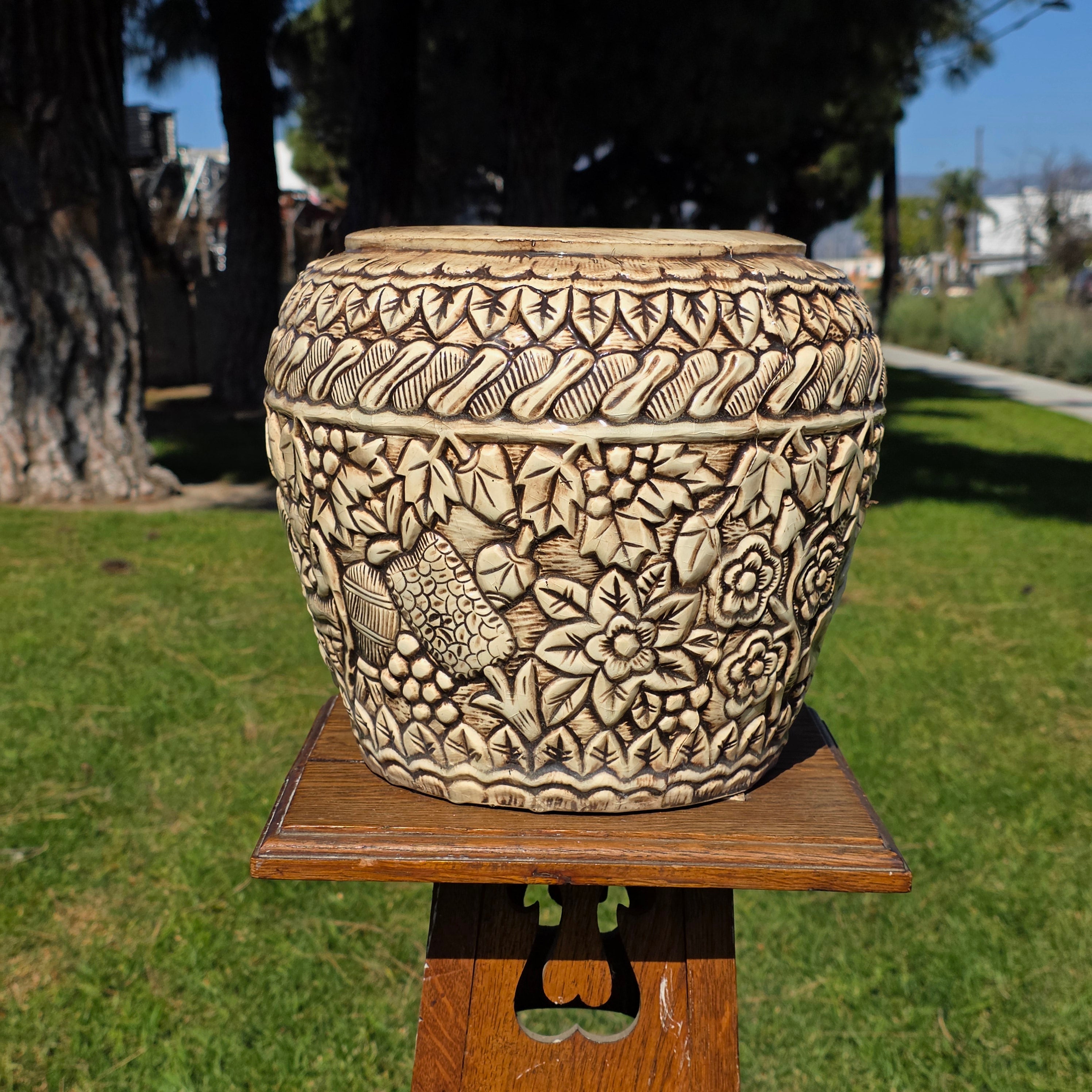 Vintage Tiki Style Ceramic Planter with Lovers' Kiss & Tropical Relief 10"H