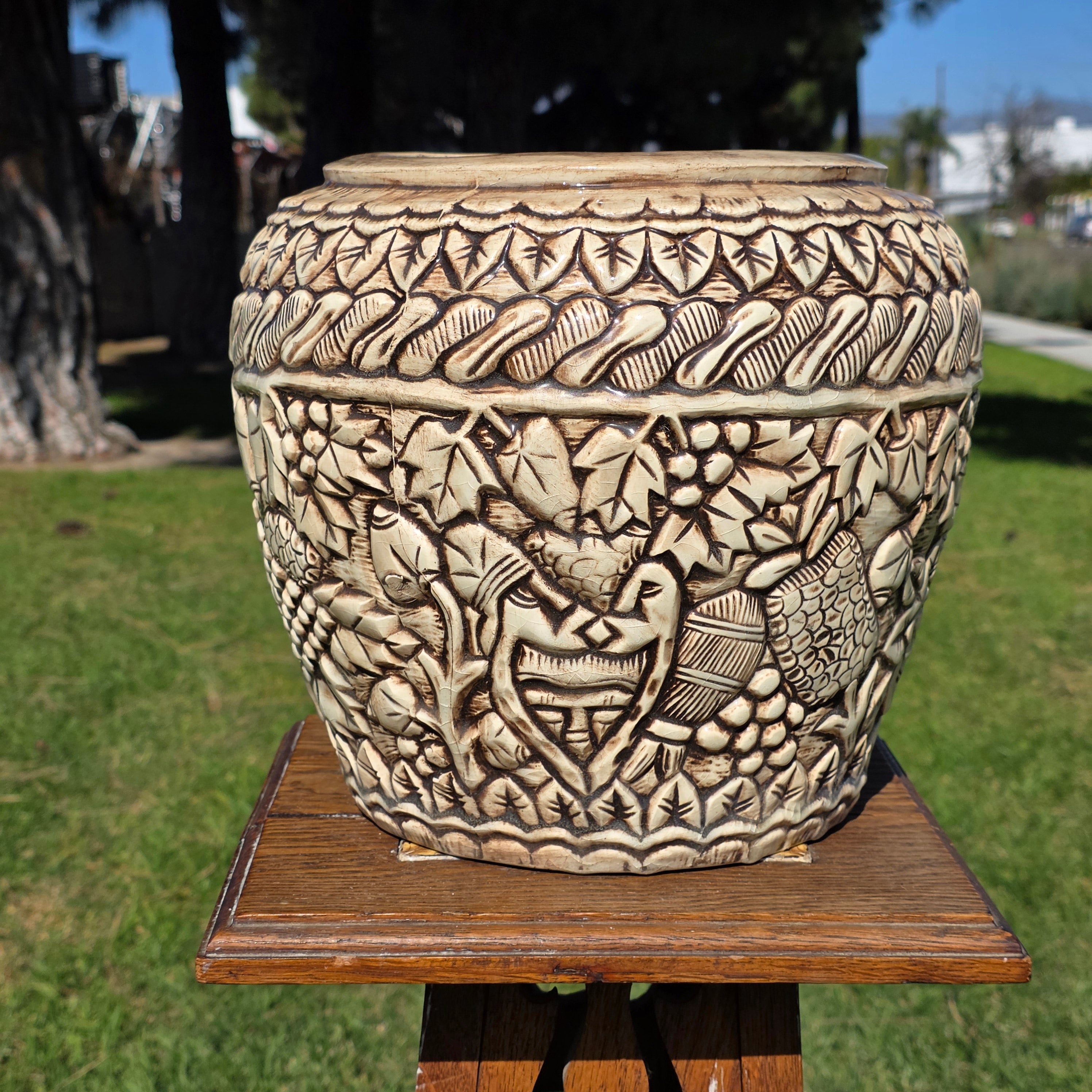 Vintage Tiki Style Ceramic Planter with Lovers' Kiss & Tropical Relief 10"H