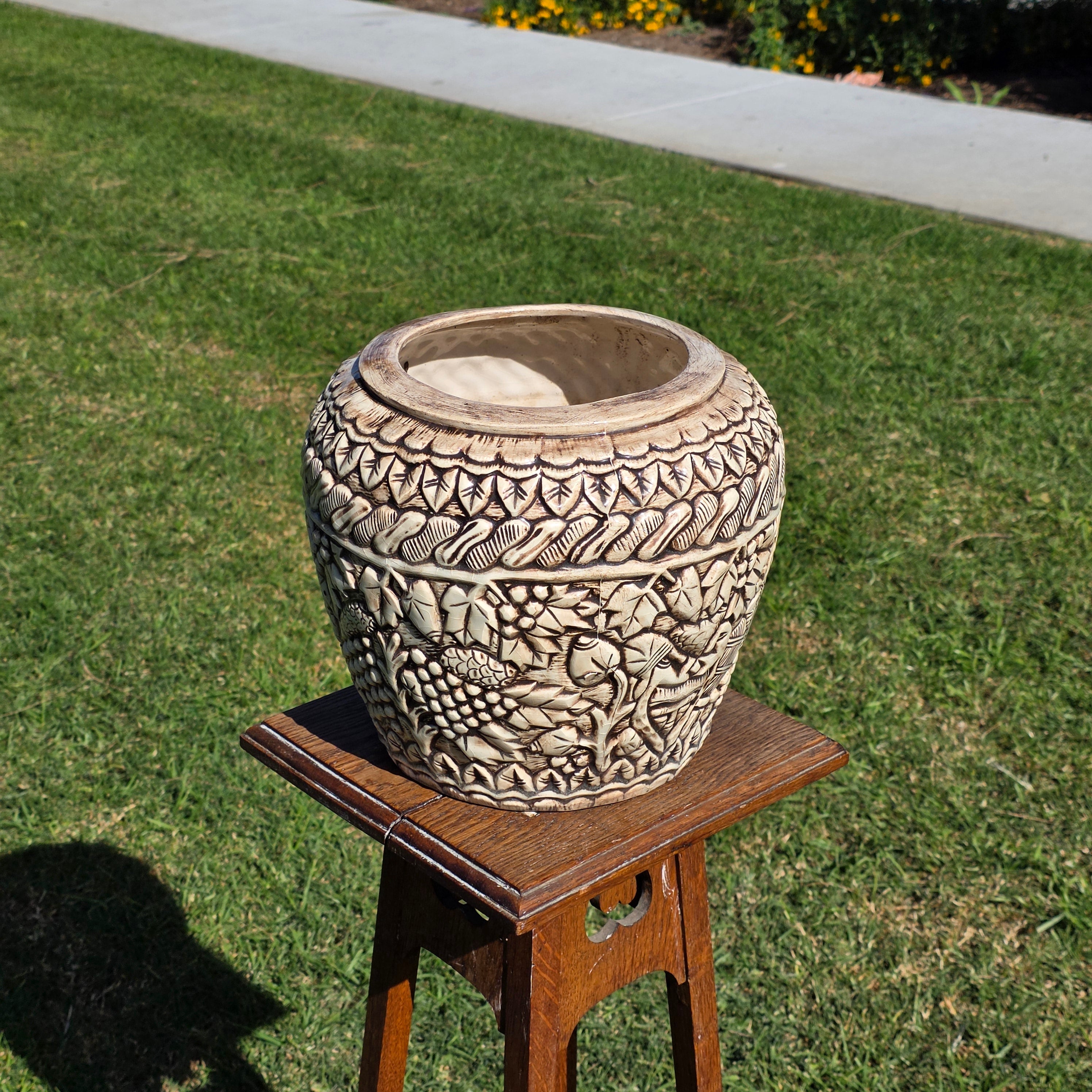 Vintage Tiki Style Ceramic Planter with Lovers' Kiss & Tropical Relief 10"H