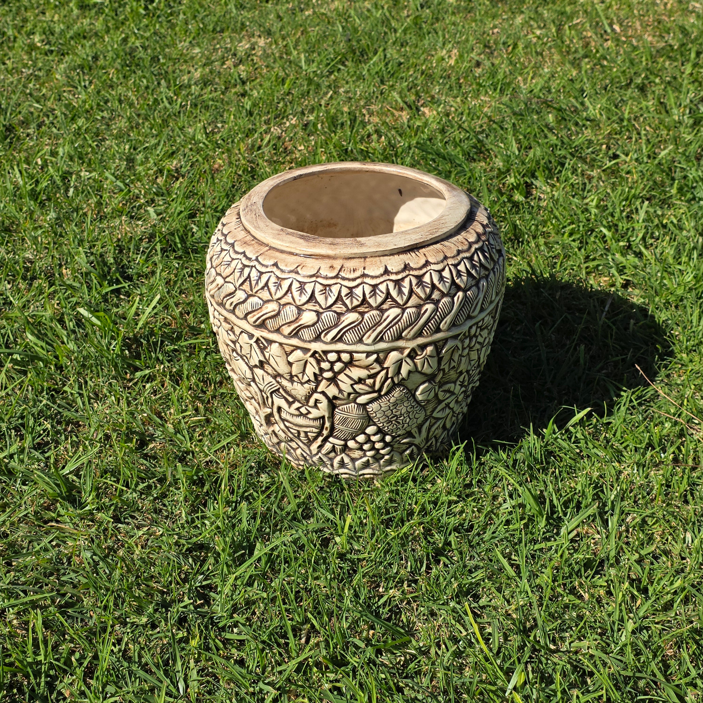 Vintage Tiki Style Ceramic Planter with Lovers' Kiss & Tropical Relief 10"H