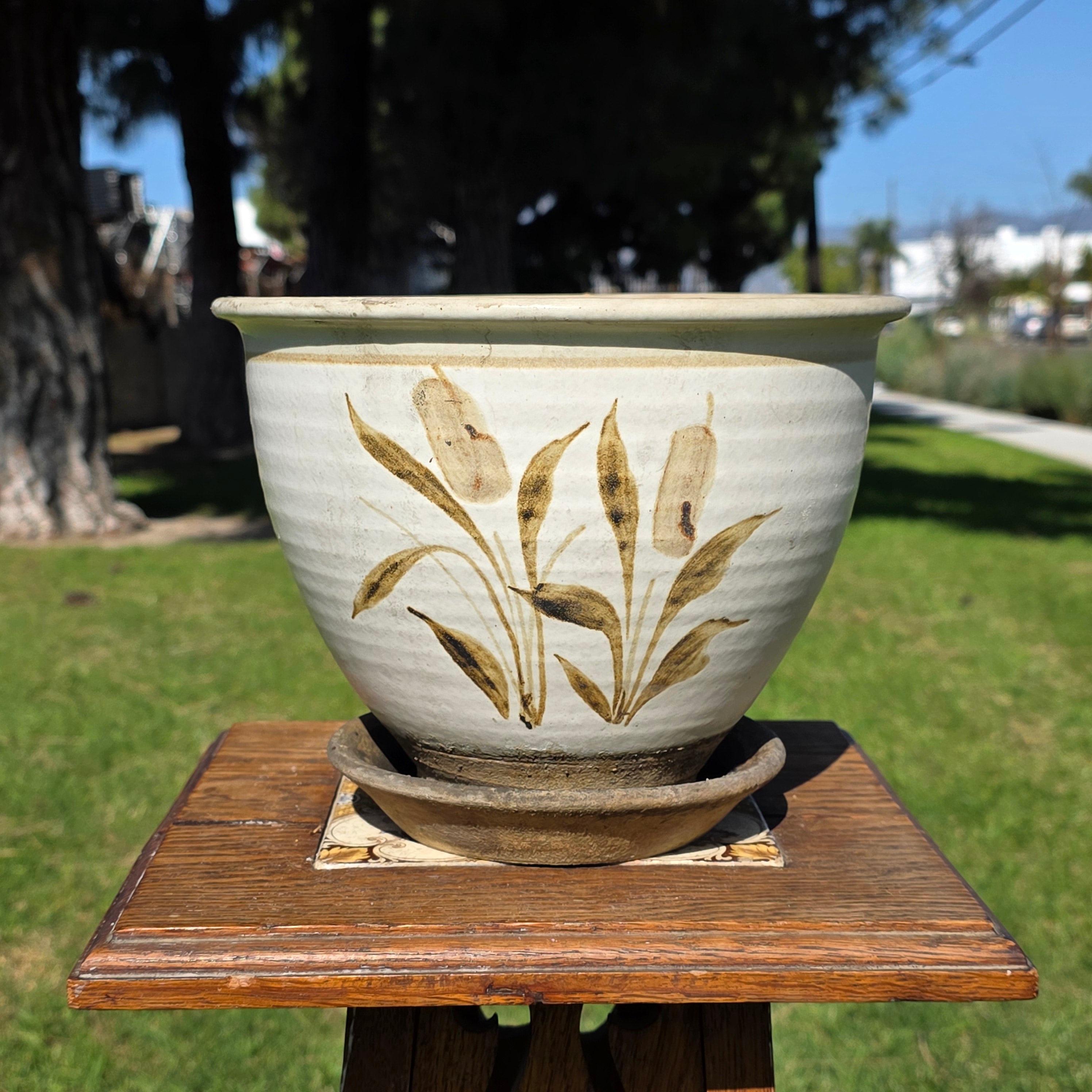 Vintage-Inspired Hand-Painted Ceramic Planter with Saucer - Botanical Motif 7"H