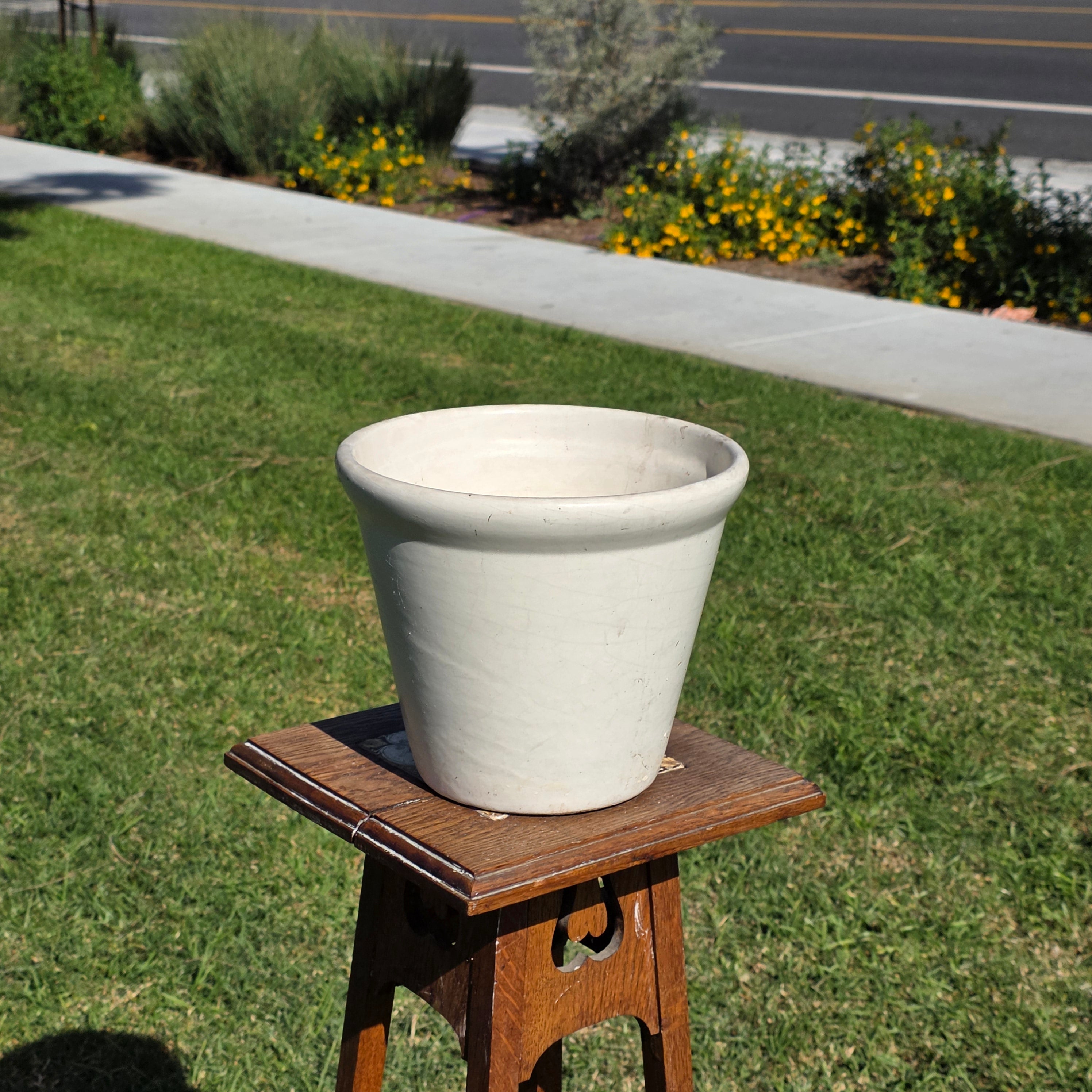 Vintage White Glazed Ceramic Garden Planter - 10" Diameter