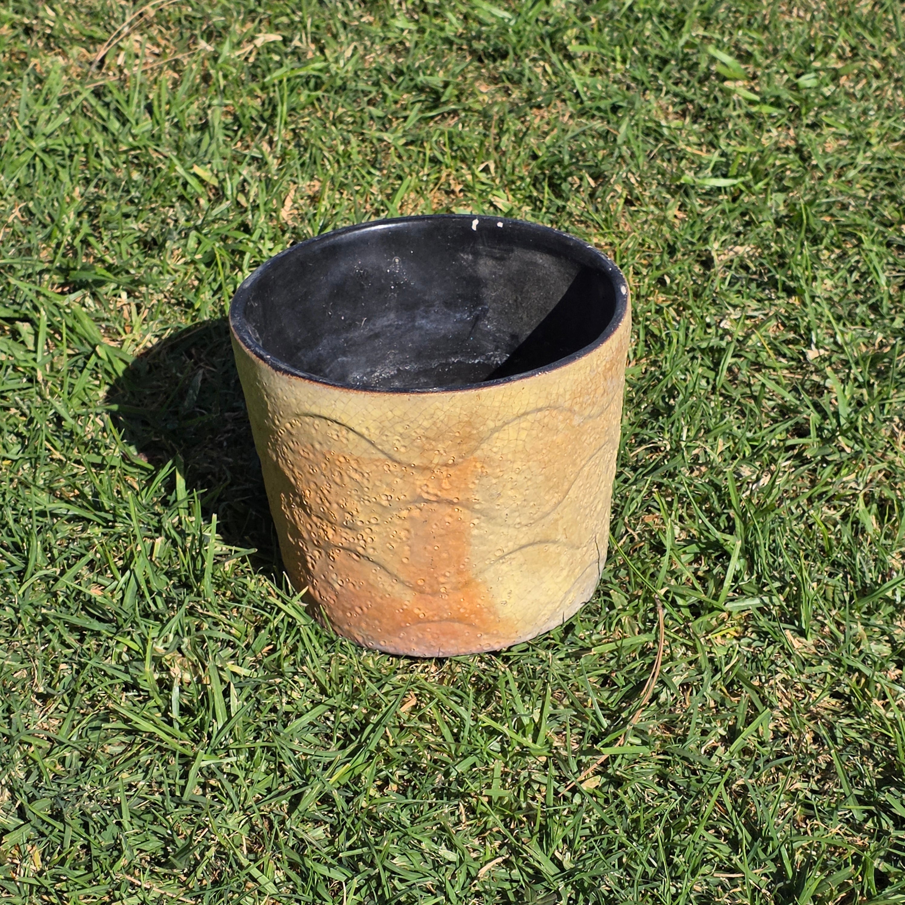 Vintage FP21 USA Studio Pottery Planter Lava Glaze Yellow Wave Pattern 6.75"H