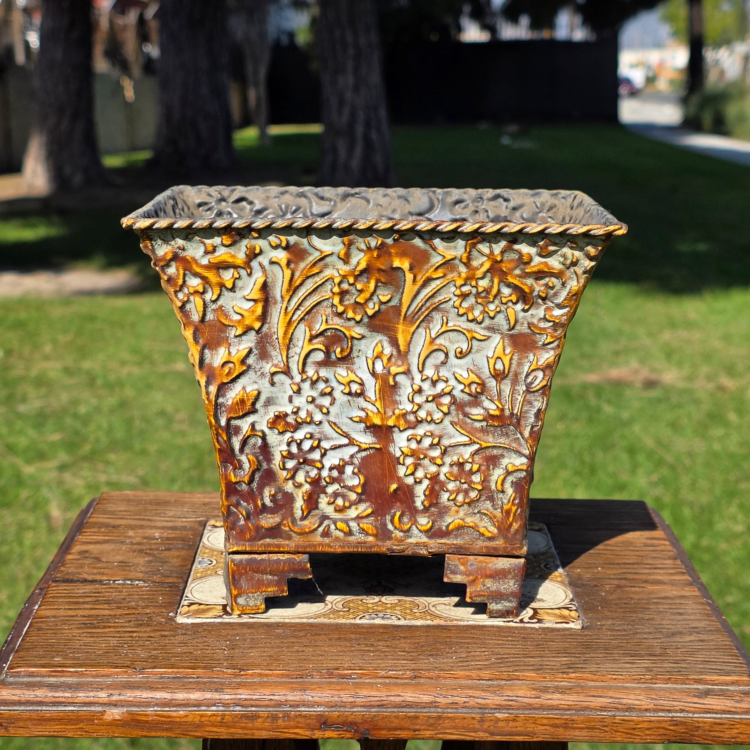 Vintage French Country Embossed Floral Metal Square Planter with Feet