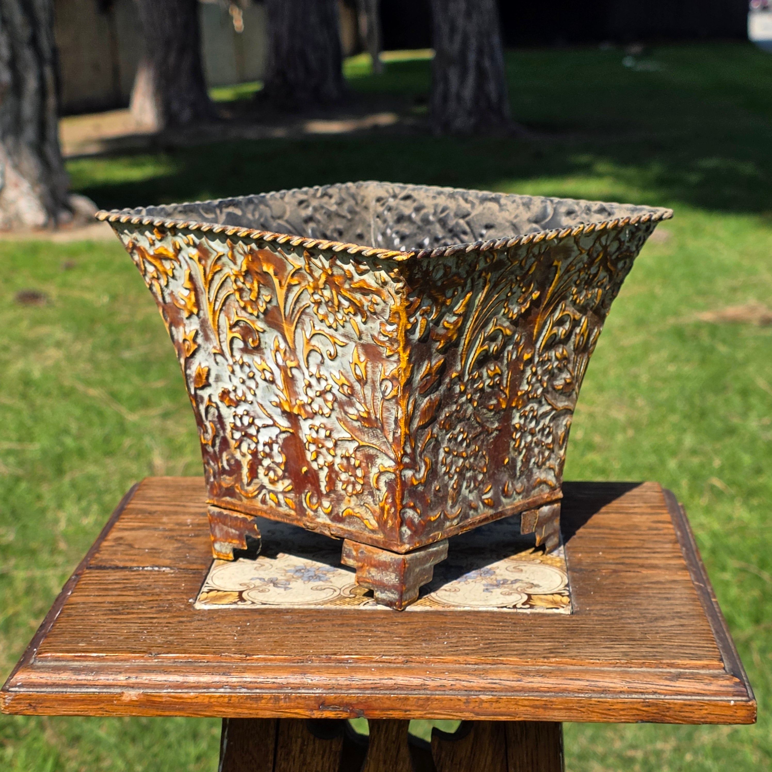 Vintage French Country Embossed Floral Metal Square Planter with Feet