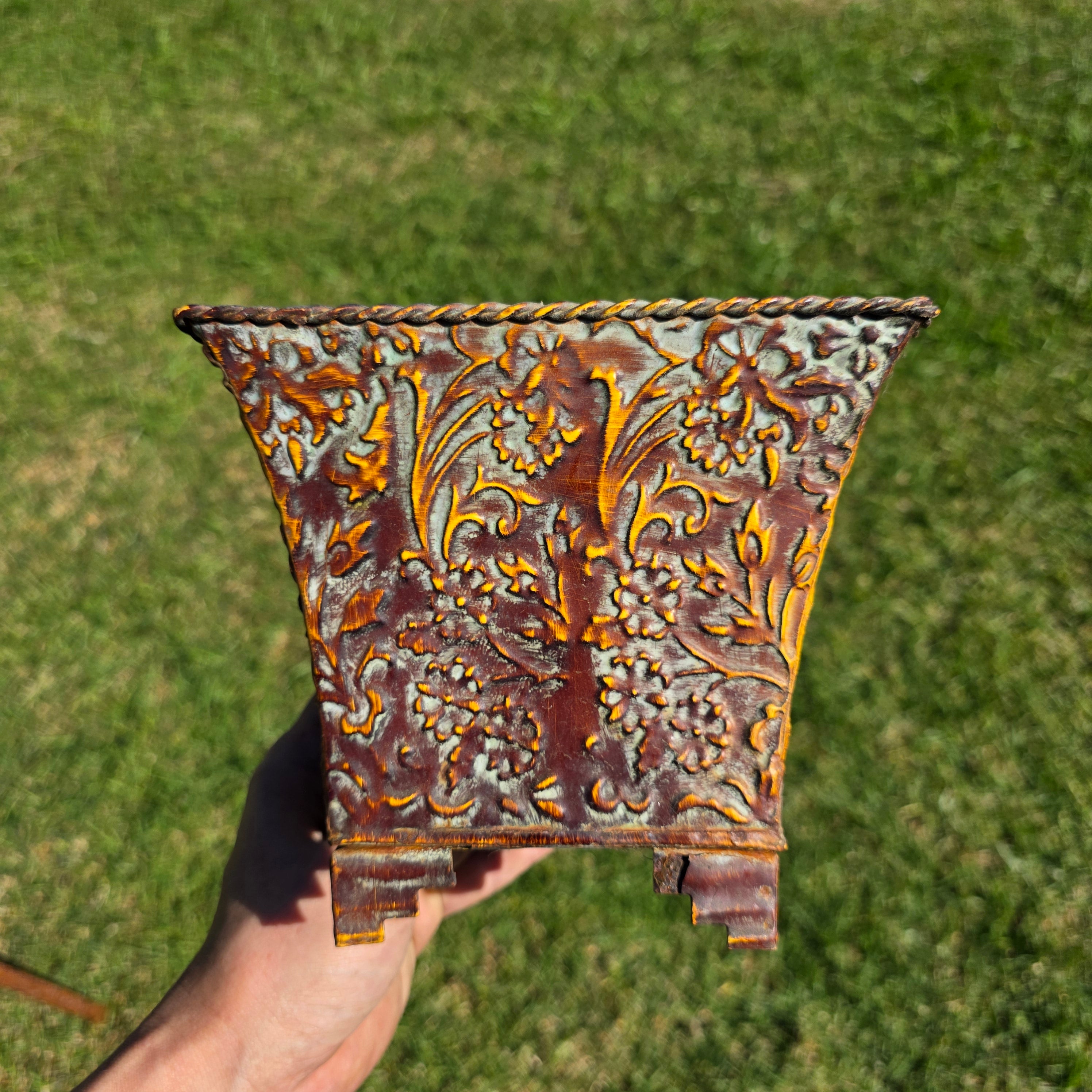 Vintage French Country Embossed Floral Metal Square Planter with Feet