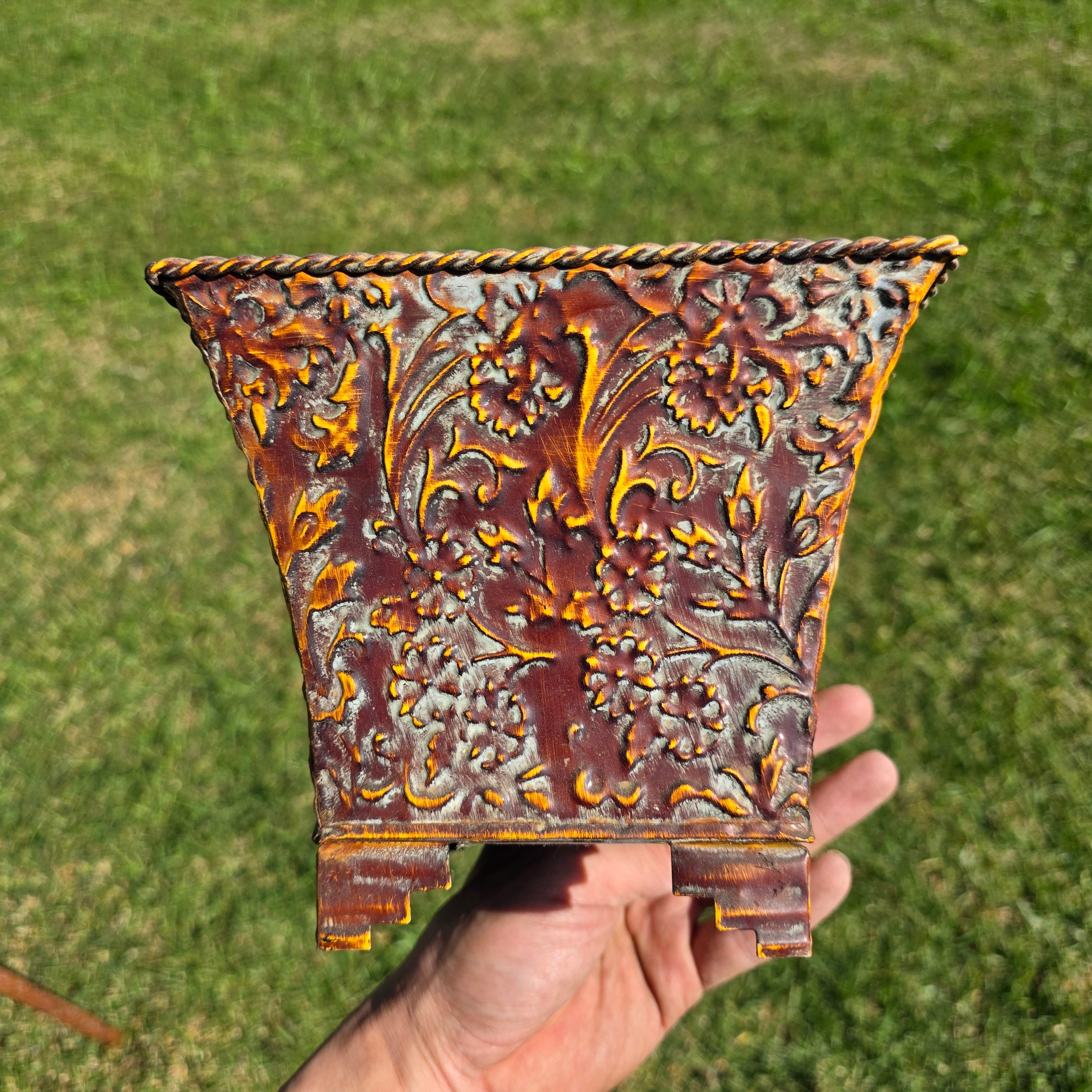 Vintage French Country Embossed Floral Metal Square Planter with Feet