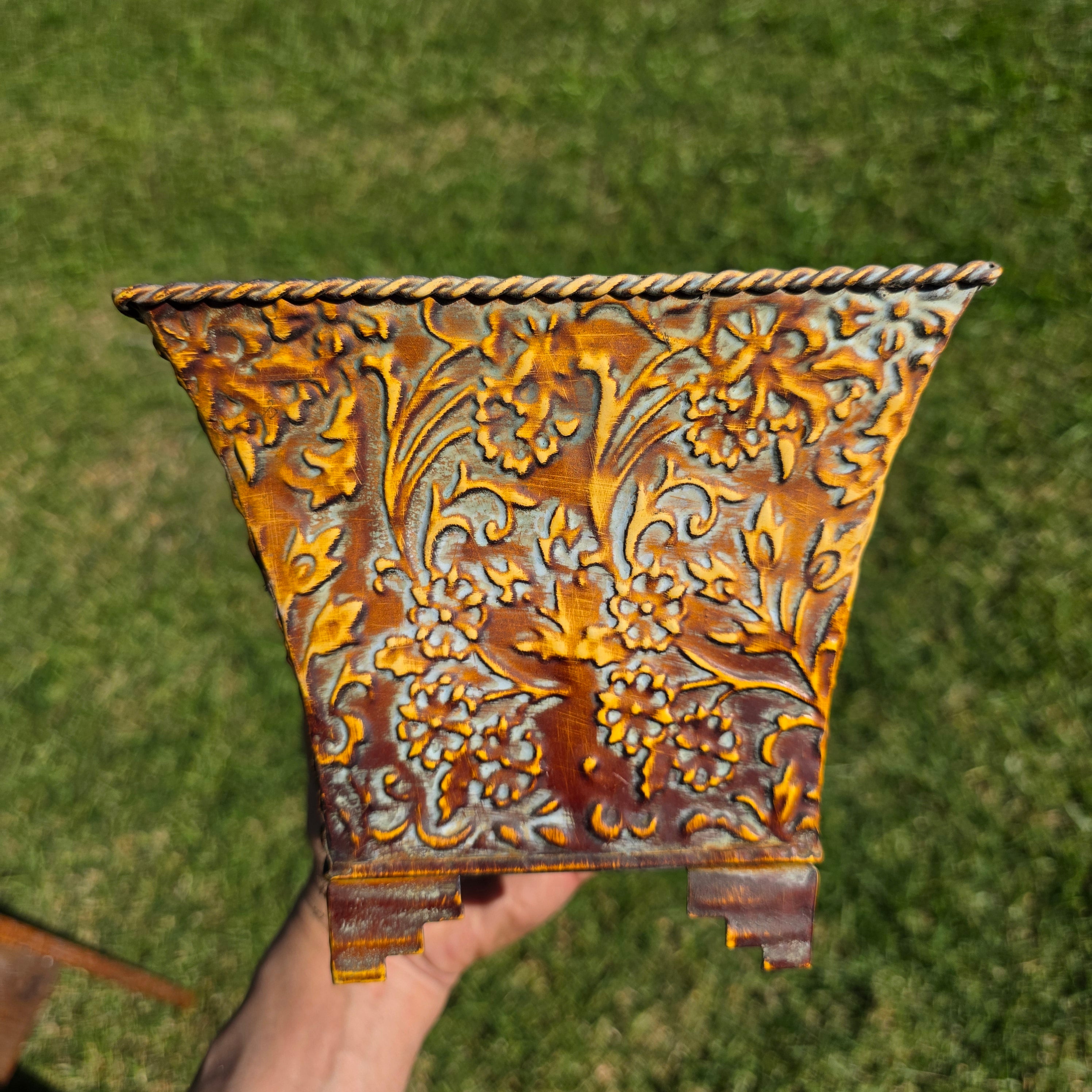Vintage French Country Embossed Floral Metal Square Planter with Feet