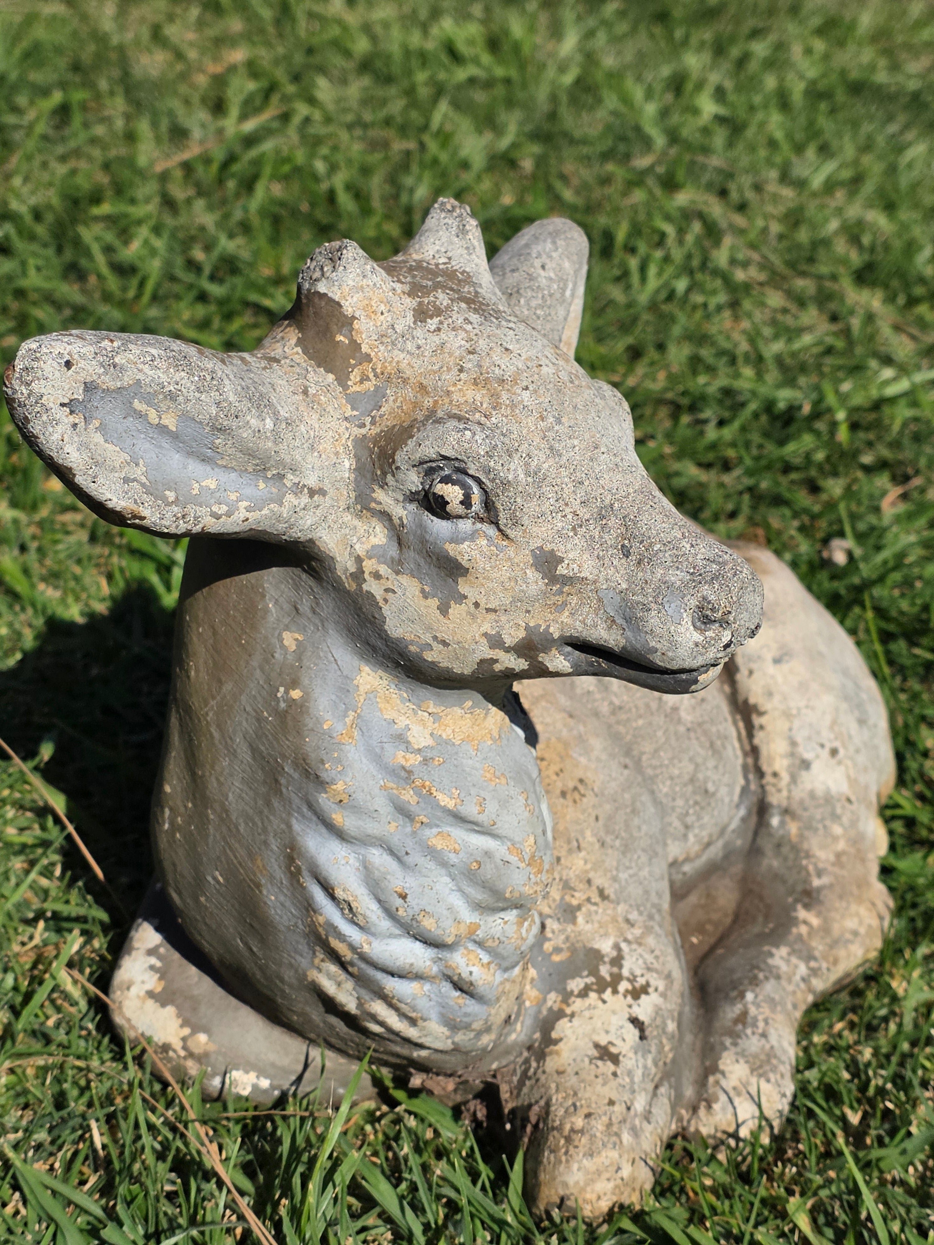 Vintage Concrete Reclining Fawn Deer Garden Statue Ornament 17.5"L