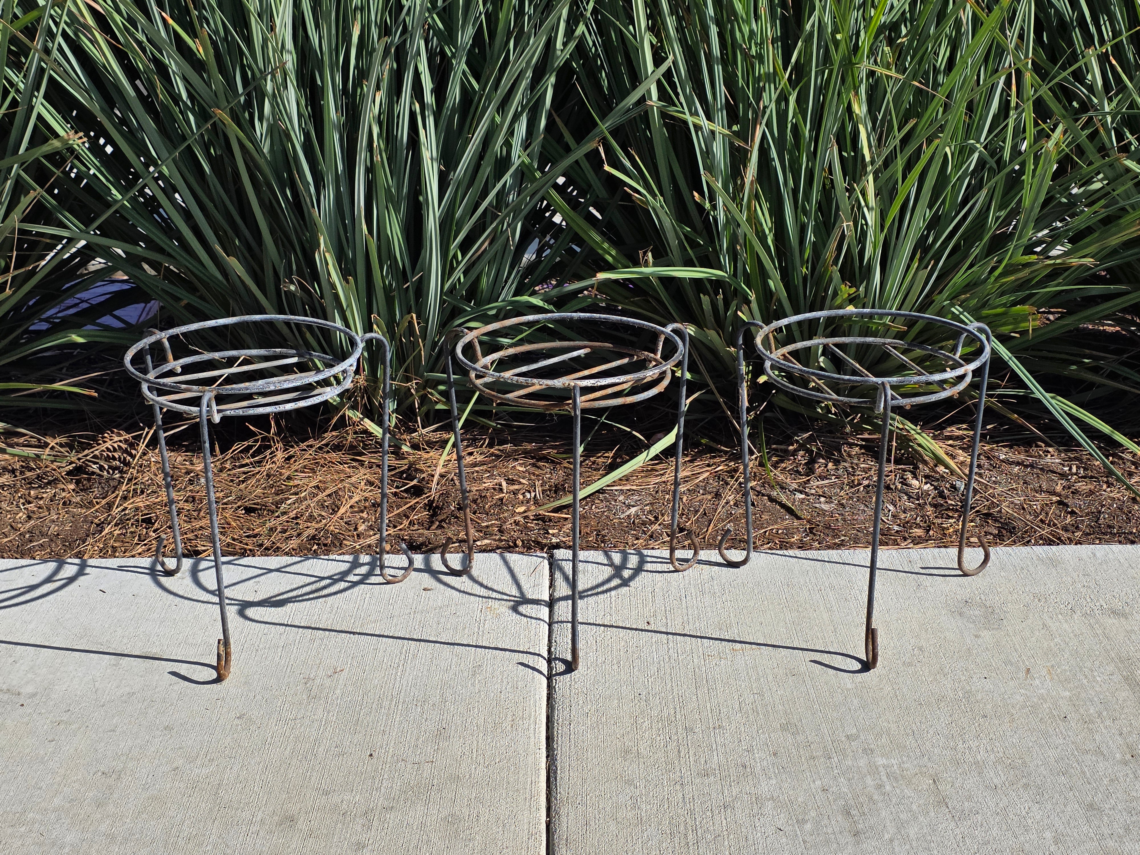 Set of 3 Vintage Wrought Iron Wire Plant Stands with J-Hook Legs - 14"H