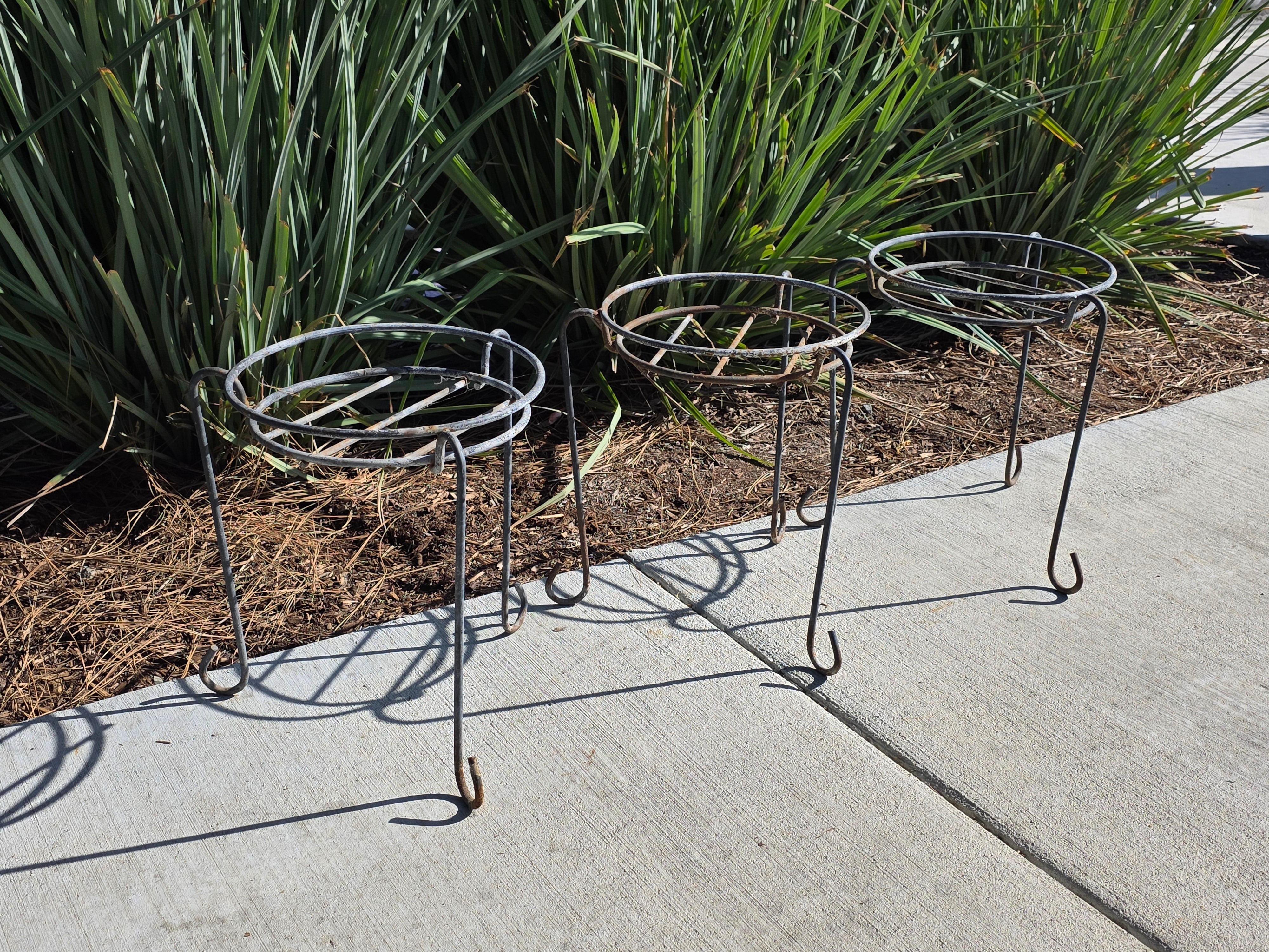 Set of 3 Vintage Wrought Iron Wire Plant Stands with J-Hook Legs - 14"H