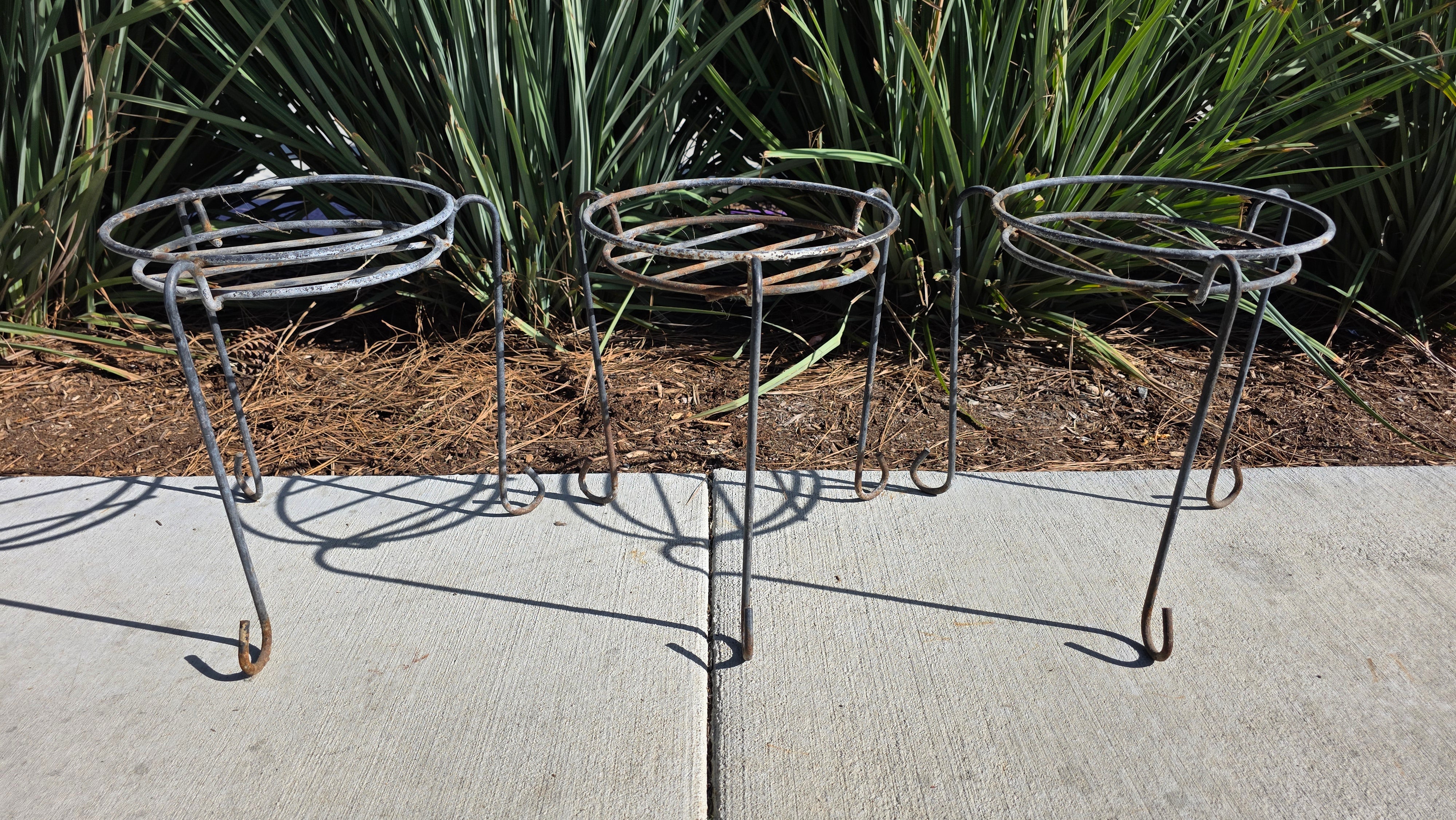 Set of 3 Vintage Wrought Iron Wire Plant Stands with J-Hook Legs - 14"H