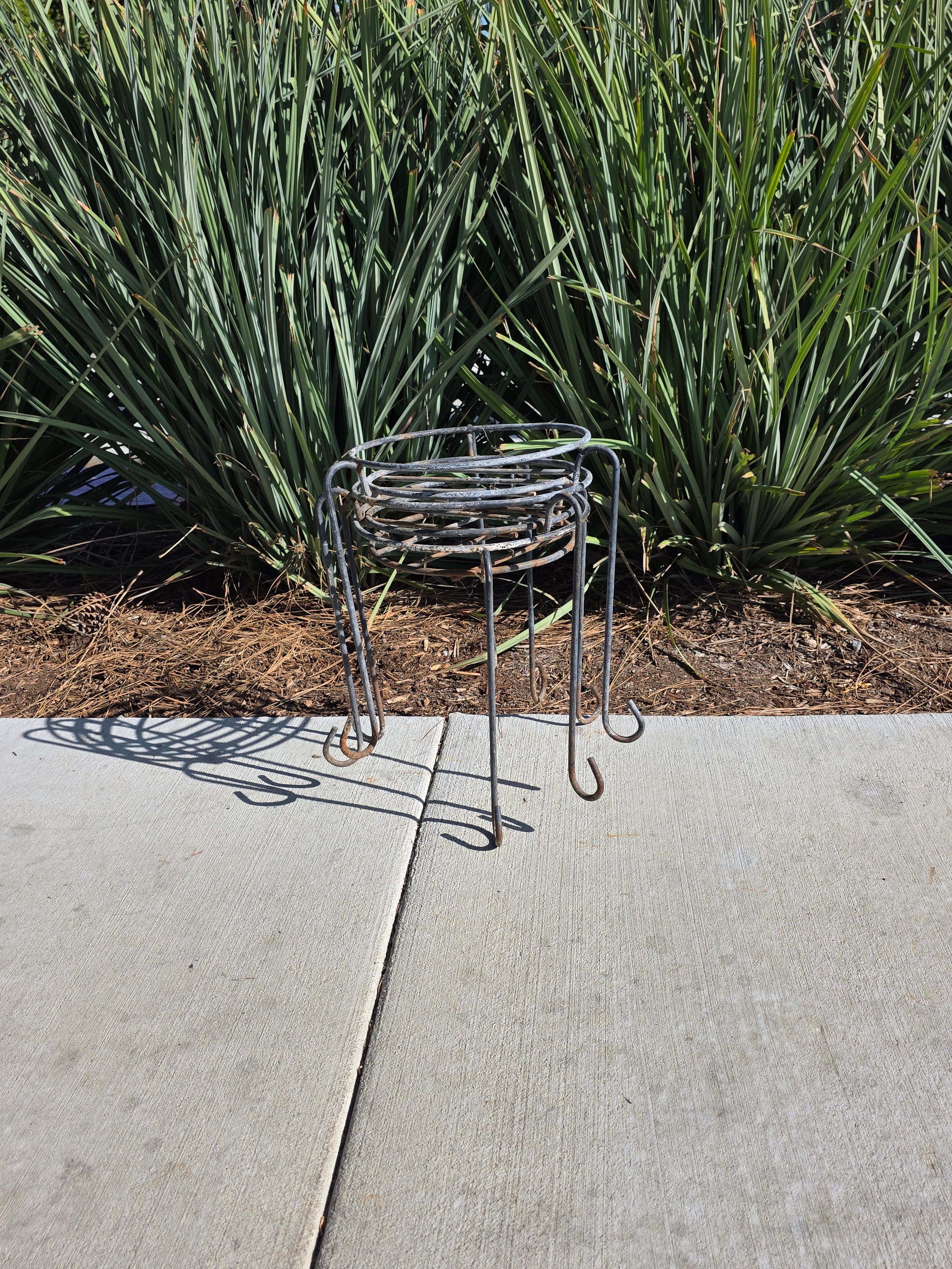 Set of 3 Vintage Wrought Iron Wire Plant Stands with J-Hook Legs - 14"H