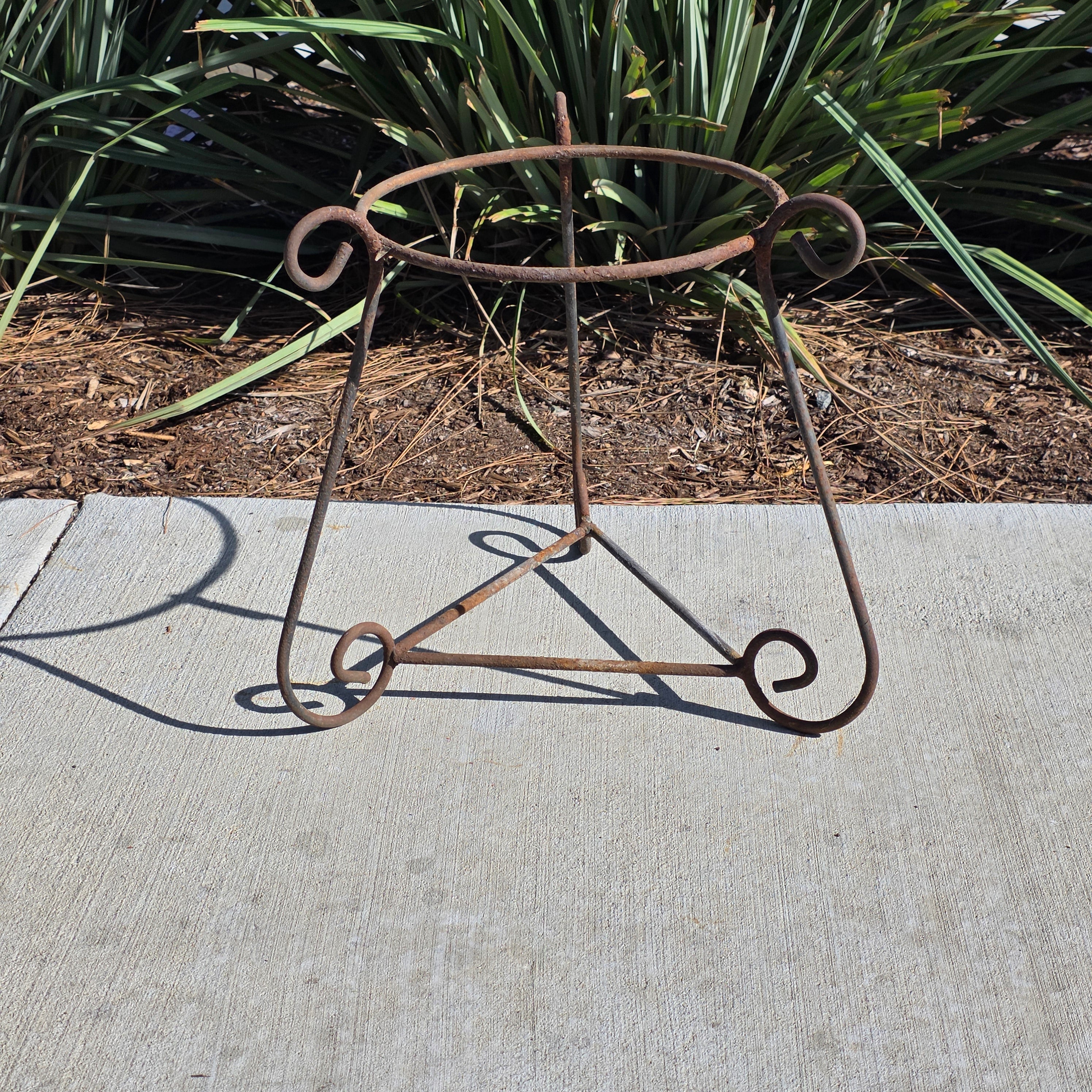 Vintage Wrought Iron Scroll Leg Plant Stand with Terracotta Planter Set