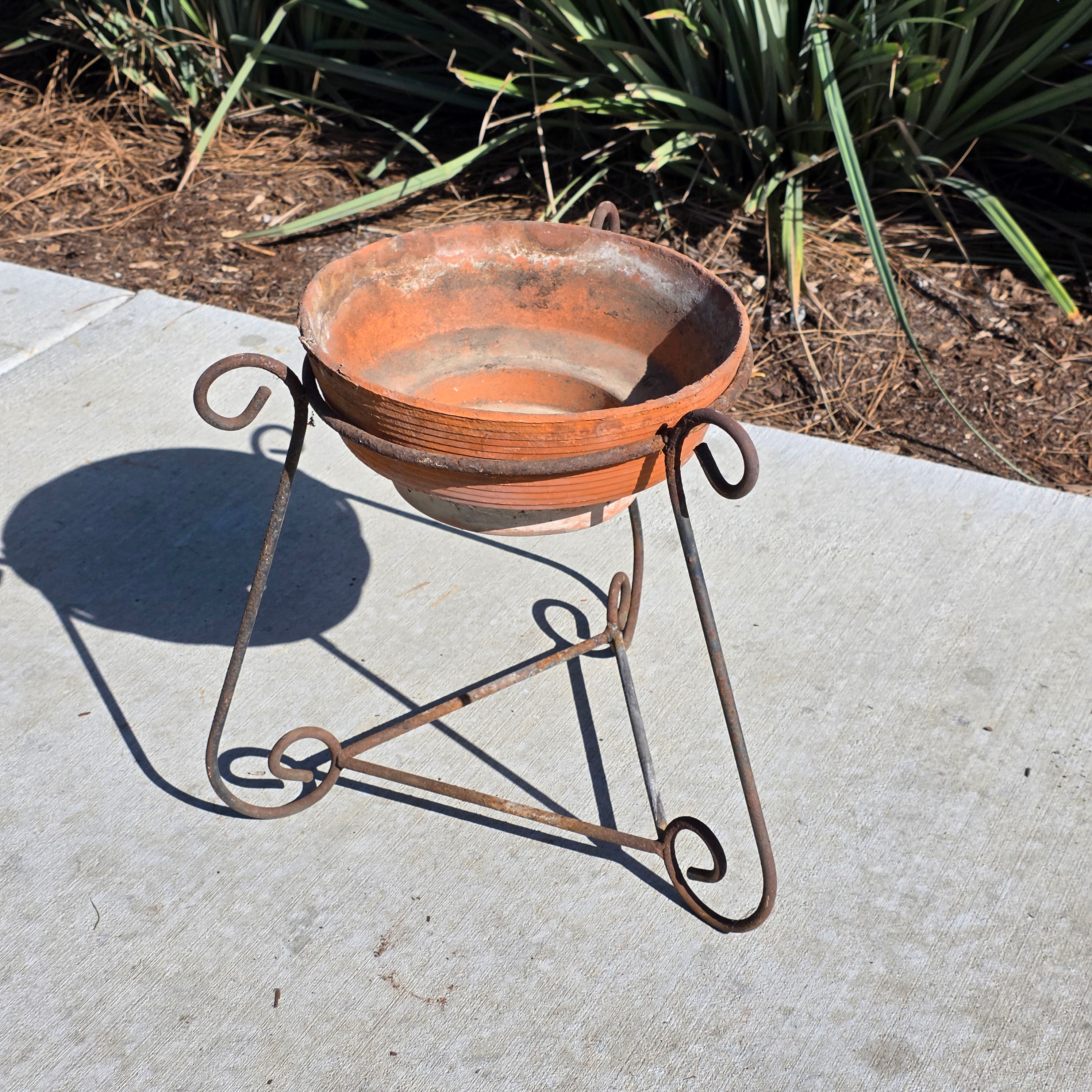 Vintage Wrought Iron Scroll Leg Plant Stand with Terracotta Planter Set