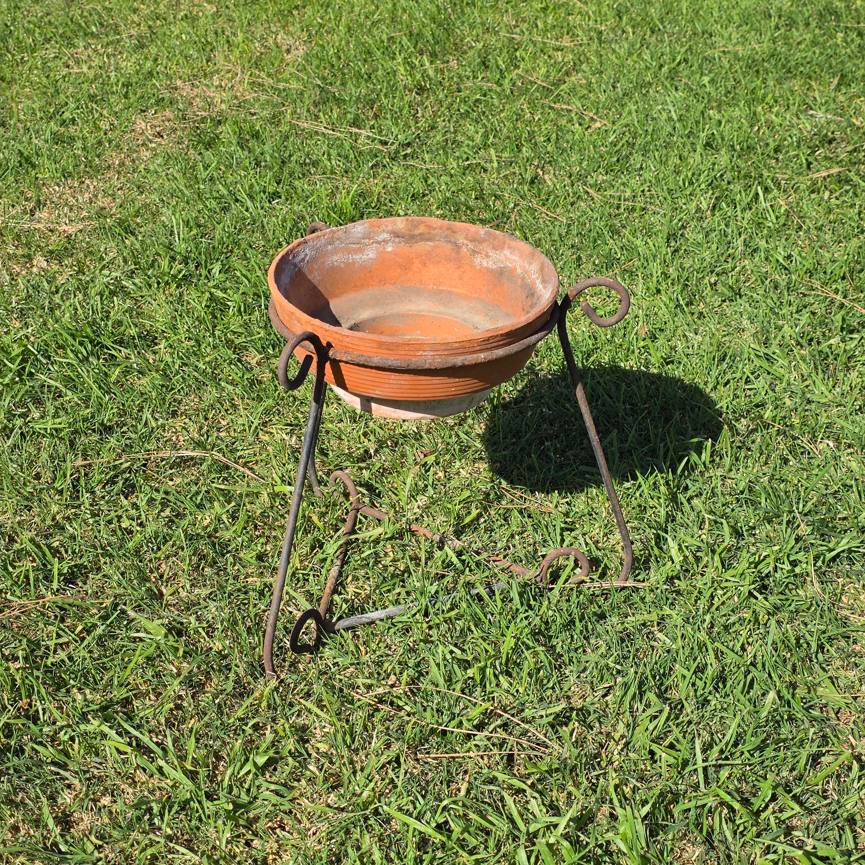 Vintage Wrought Iron Scroll Leg Plant Stand with Terracotta Planter Set