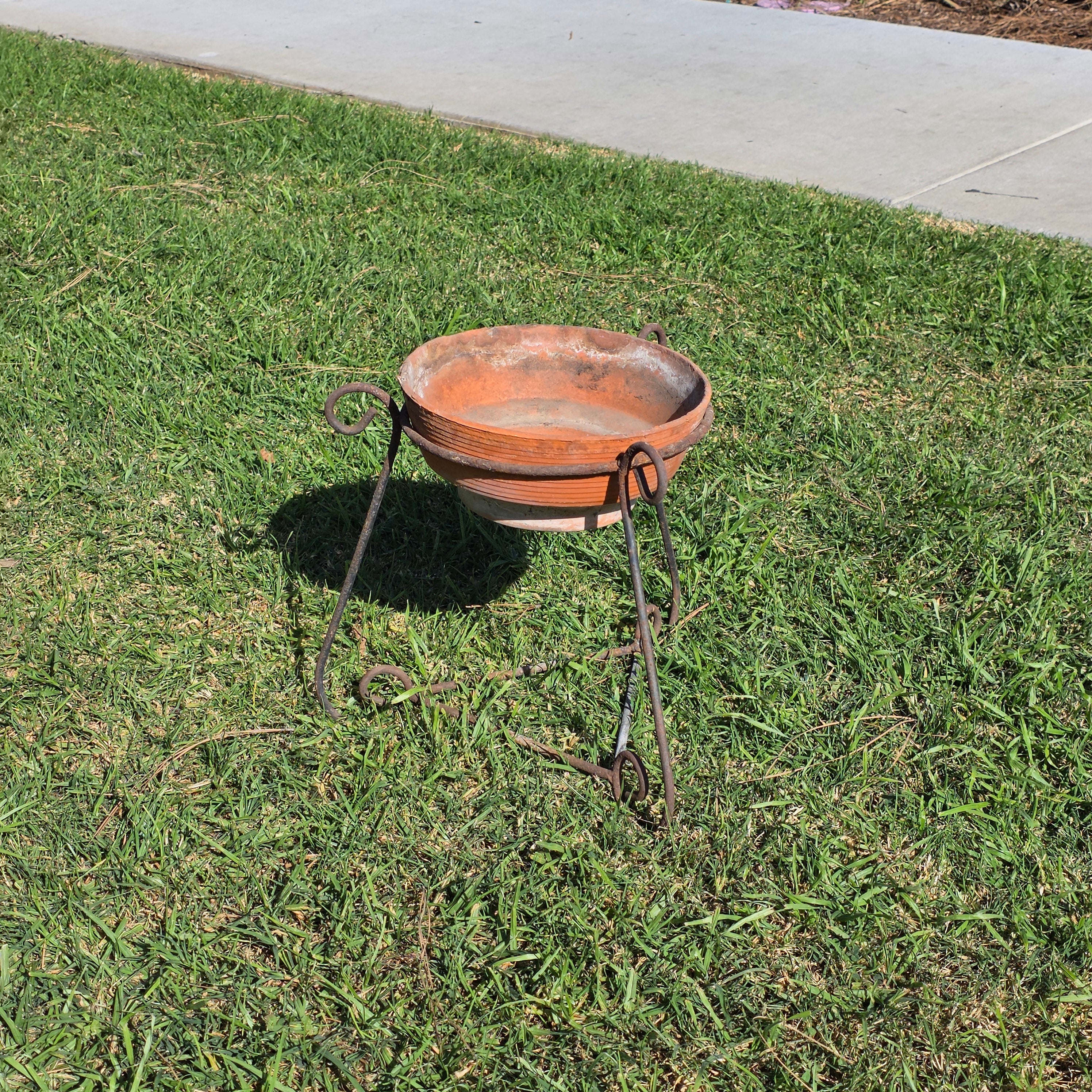 Vintage Wrought Iron Scroll Leg Plant Stand with Terracotta Planter Set