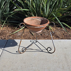 Vintage Wrought Iron Scroll Leg Plant Stand with Terracotta Planter Set