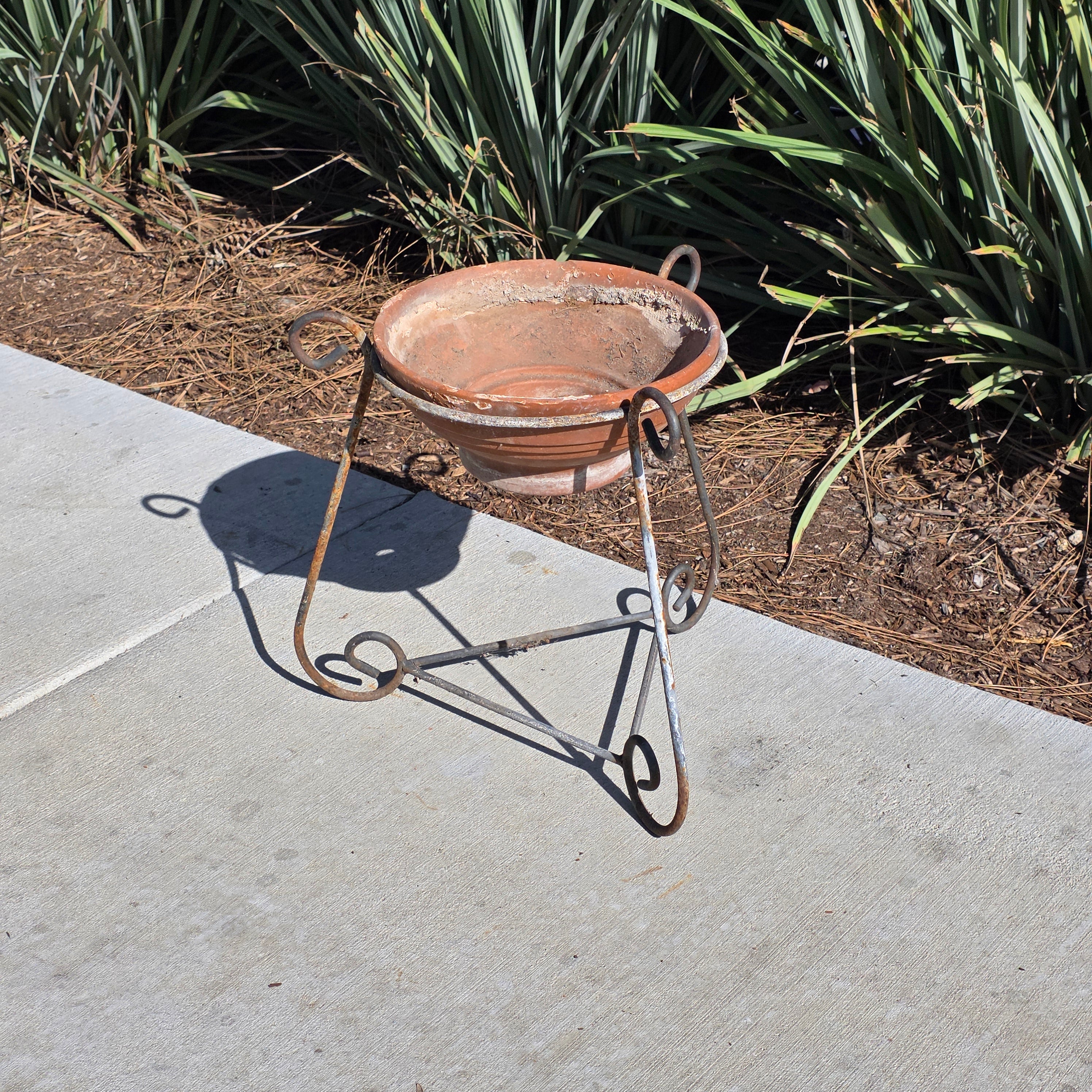 Vintage Wrought Iron Scroll Leg Plant Stand with Terracotta Planter Set