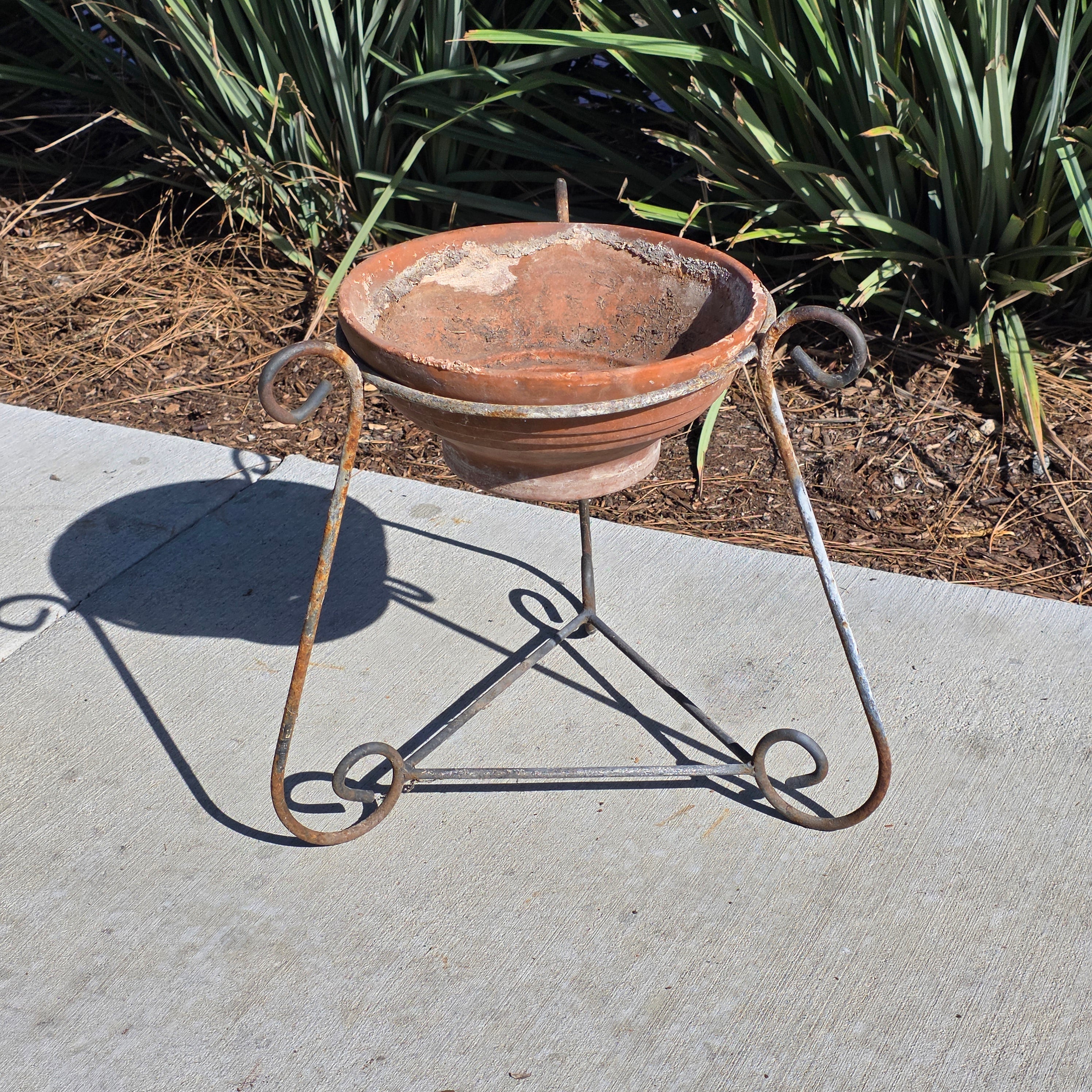 Vintage Wrought Iron Scroll Leg Plant Stand with Terracotta Planter Set