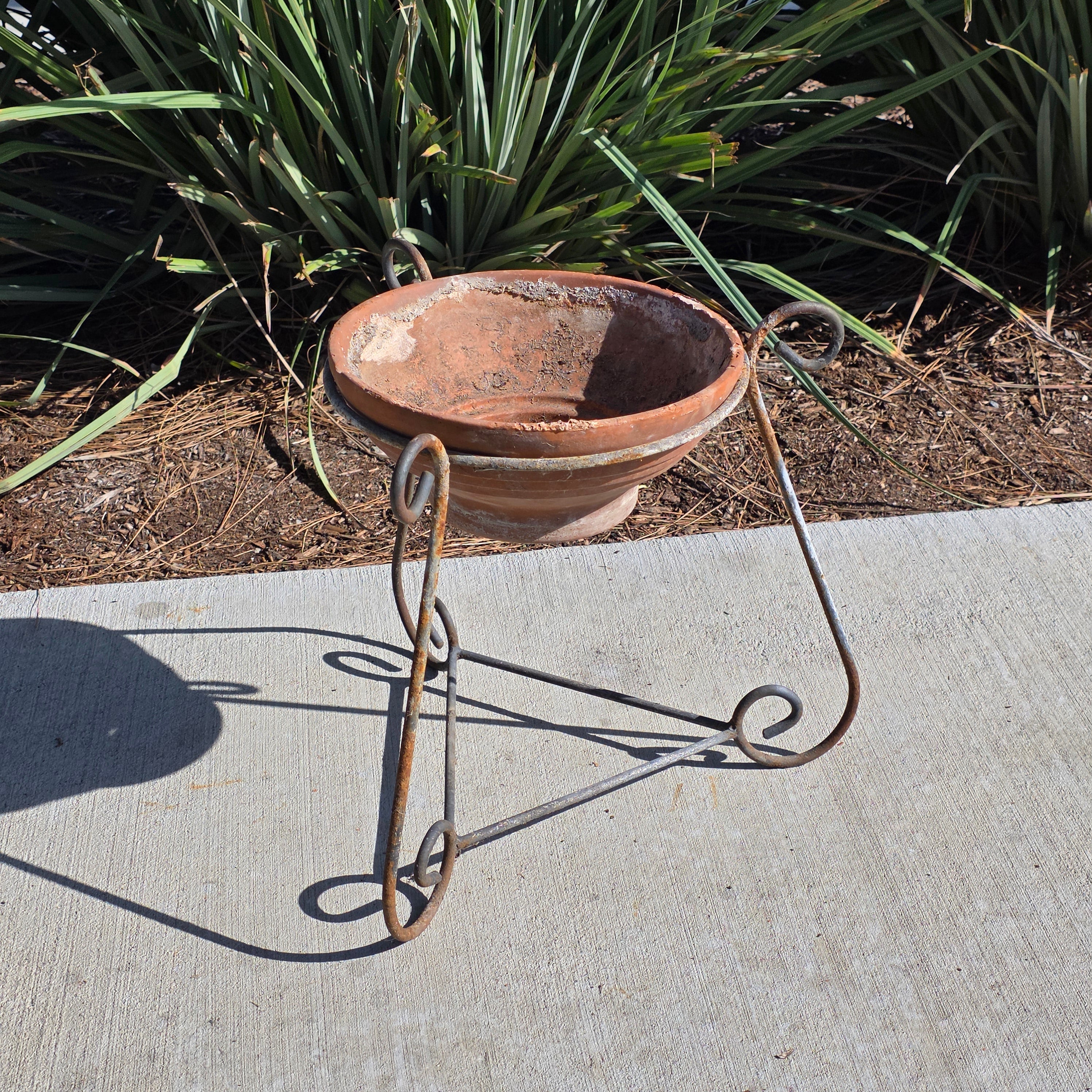 Vintage Wrought Iron Scroll Leg Plant Stand with Terracotta Planter Set