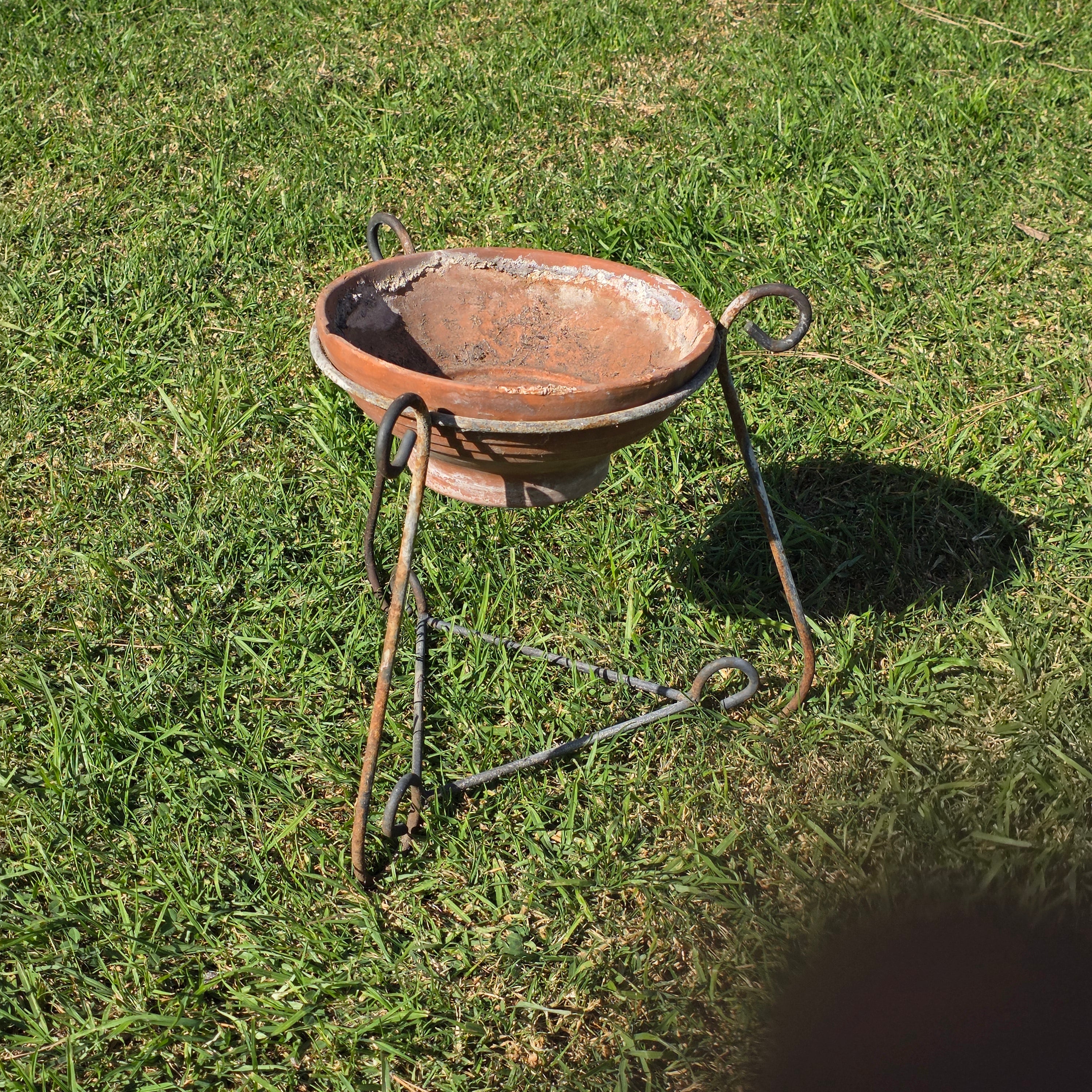 Vintage Wrought Iron Scroll Leg Plant Stand with Terracotta Planter Set