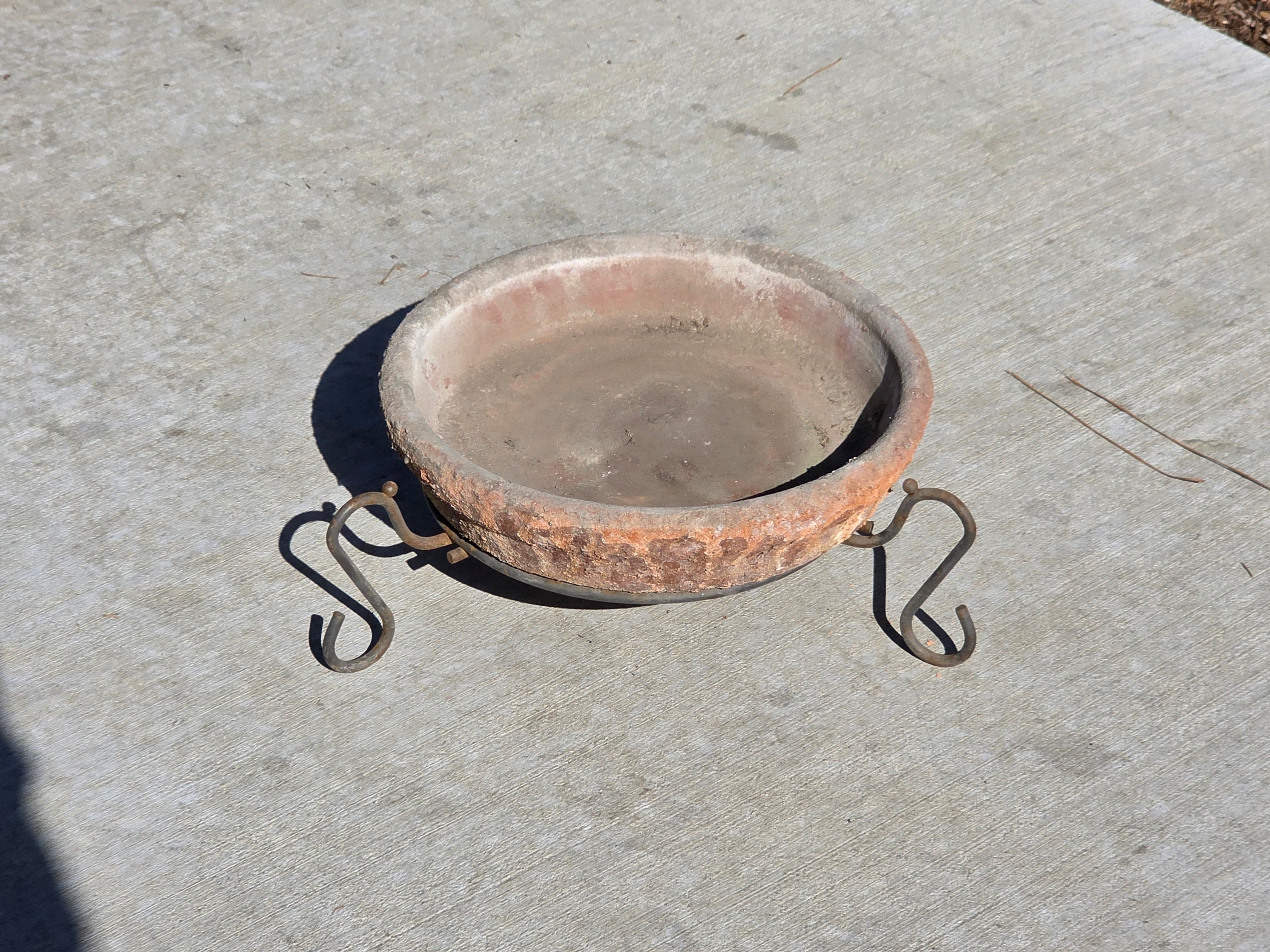Vintage Wrought Iron Scroll Leg Plant Stand with Terracotta Planter Set