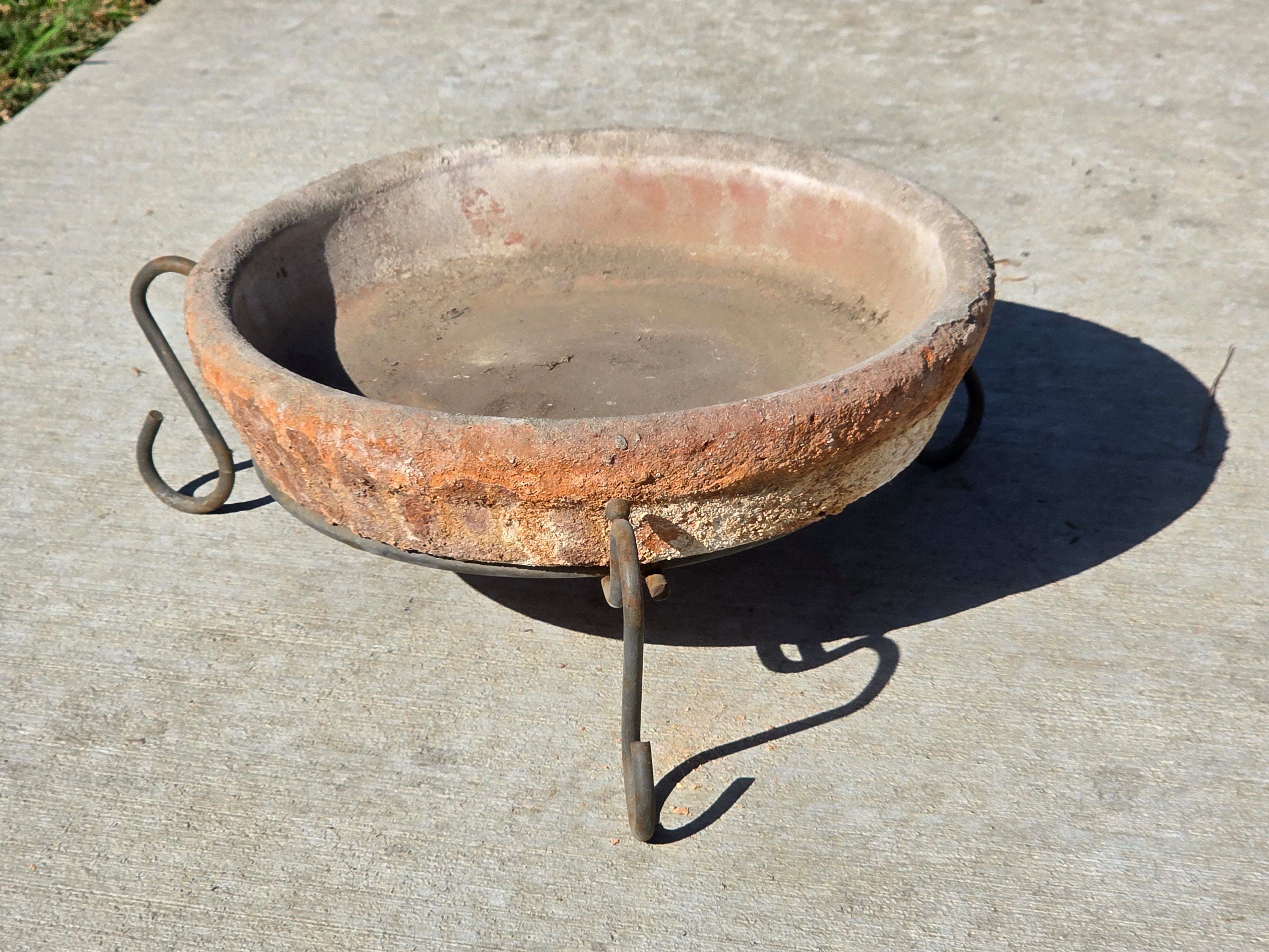 Vintage Wrought Iron Scroll Leg Plant Stand with Terracotta Planter Set