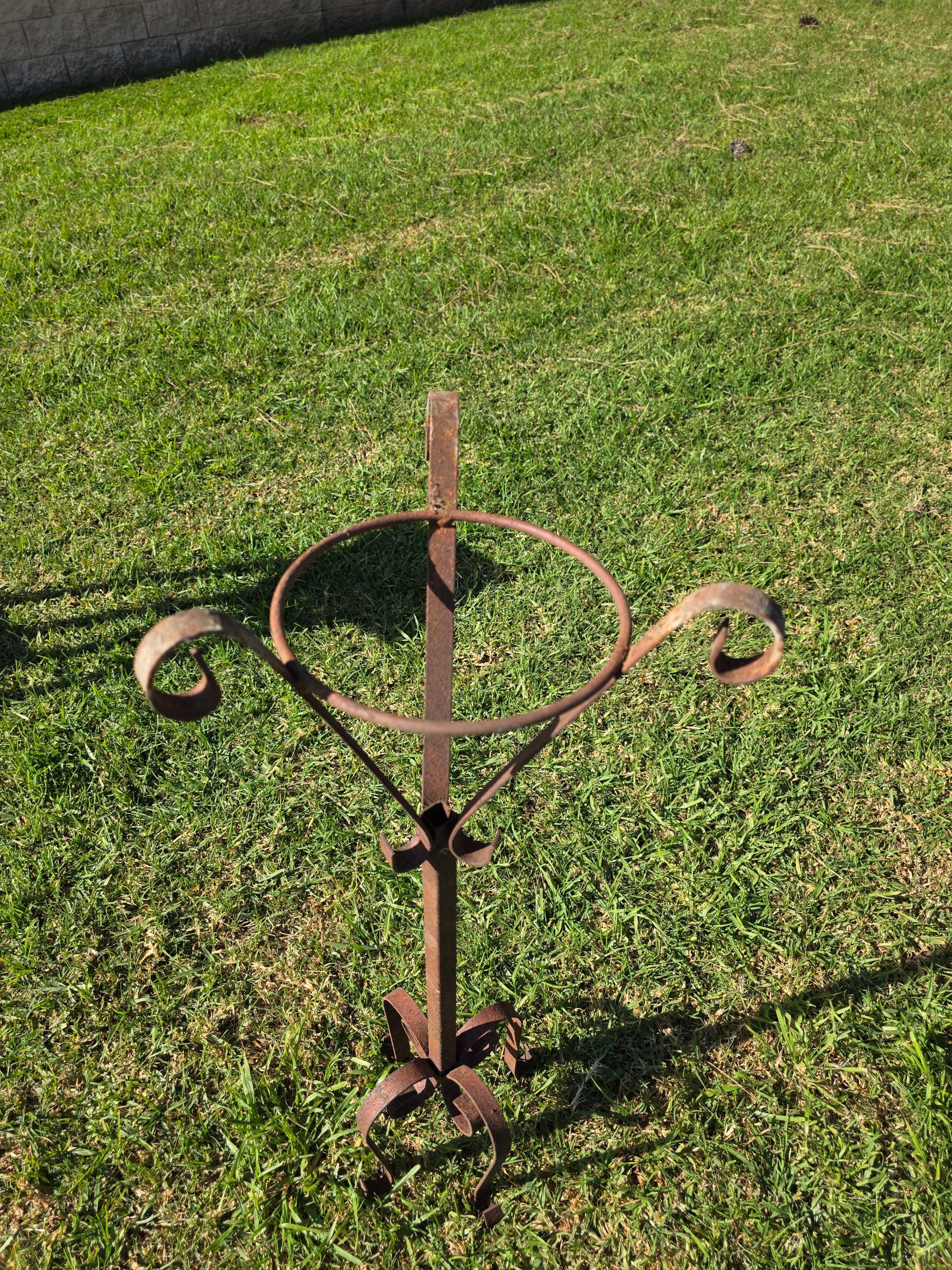Vintage Wrought Iron Tall Garden Planter Stand with Scroll Legs - 29.5"H