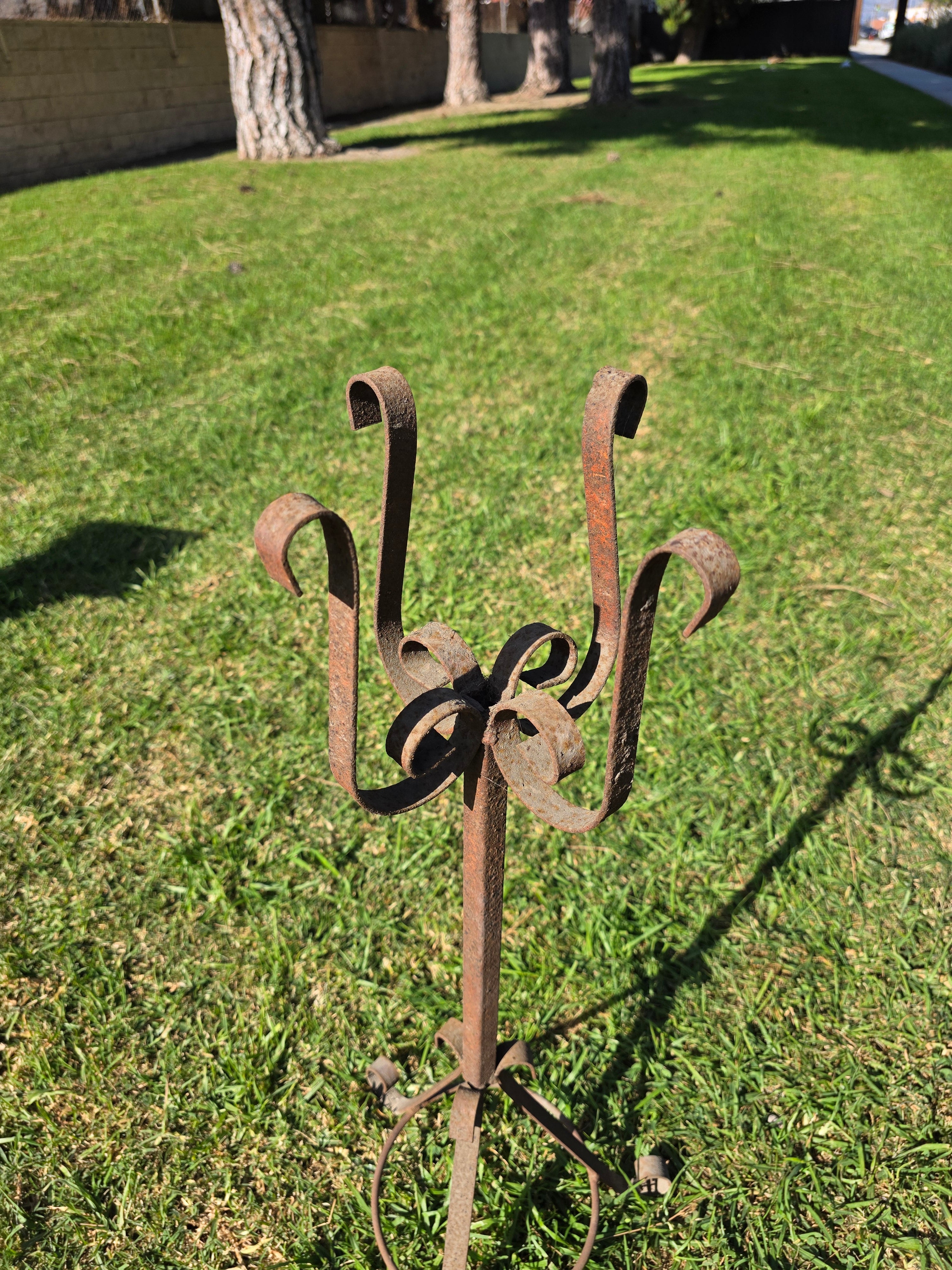 Vintage Wrought Iron Tall Garden Planter Stand with Scroll Legs - 29.5"H