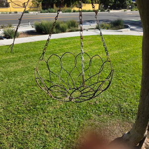 Vintage Mid-Century Scalloped Wire Hanging Planter Basket with Chain